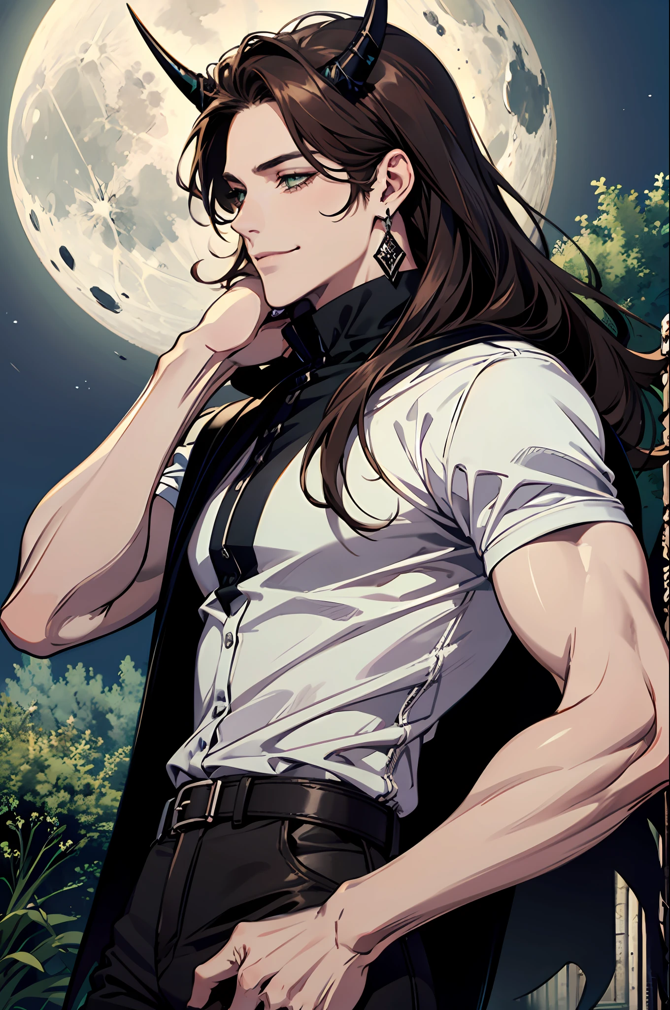 (absurdres, highres, ultra detailed), 1man, 30 years old man, adult man, handsome, tall,, finely detailed eyes and detailed face, black leather pants, white shirt, night, smile, dutch angle, ((long hair, brown hair)), horns, moon, forest, silver earrings, gothic, dark, looking at the view, pale skin, green detailed eyes, eyeliner, (masculine), sexy, smirk, seductive, slightly muscular, very attractive, flirtatious, mature, ((adult mature face)), medium large shoot, (MLS)