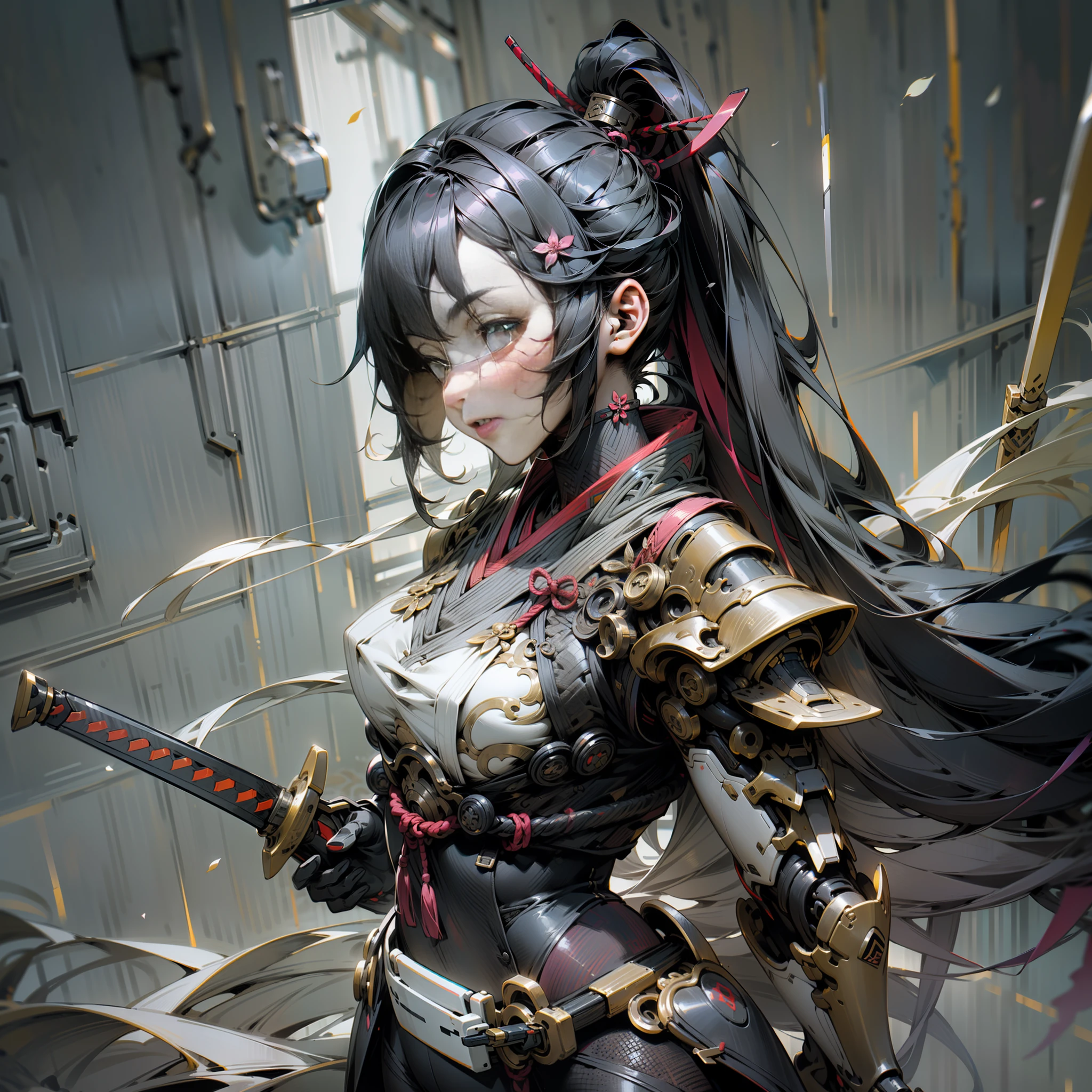 (Masterpiece, Best Quality, Ultra Detailed, Best Shadow), (Detailed Background, Dark Fantasy), (Beautiful Detailed Face), High Contrast, (Best Lighting, Very Delicate and Beautiful), ((Cinematic Light)), Colorful, Hypergrain, Dramatic Light, Intricate Details, Wallpaper, 1 Girl, Ronin Girl, ((Body Fully Visible)), Traditional Chinese Cyber Ronin Clothing, Cyber Style, Robot Style, Cyber Girl, Katana, Katana listed on us, ((bottom view,)) black hair disheveled, square, ((full-length)), sword, katana, cyber samurai, (((full-length))), ((the whole body is visible))