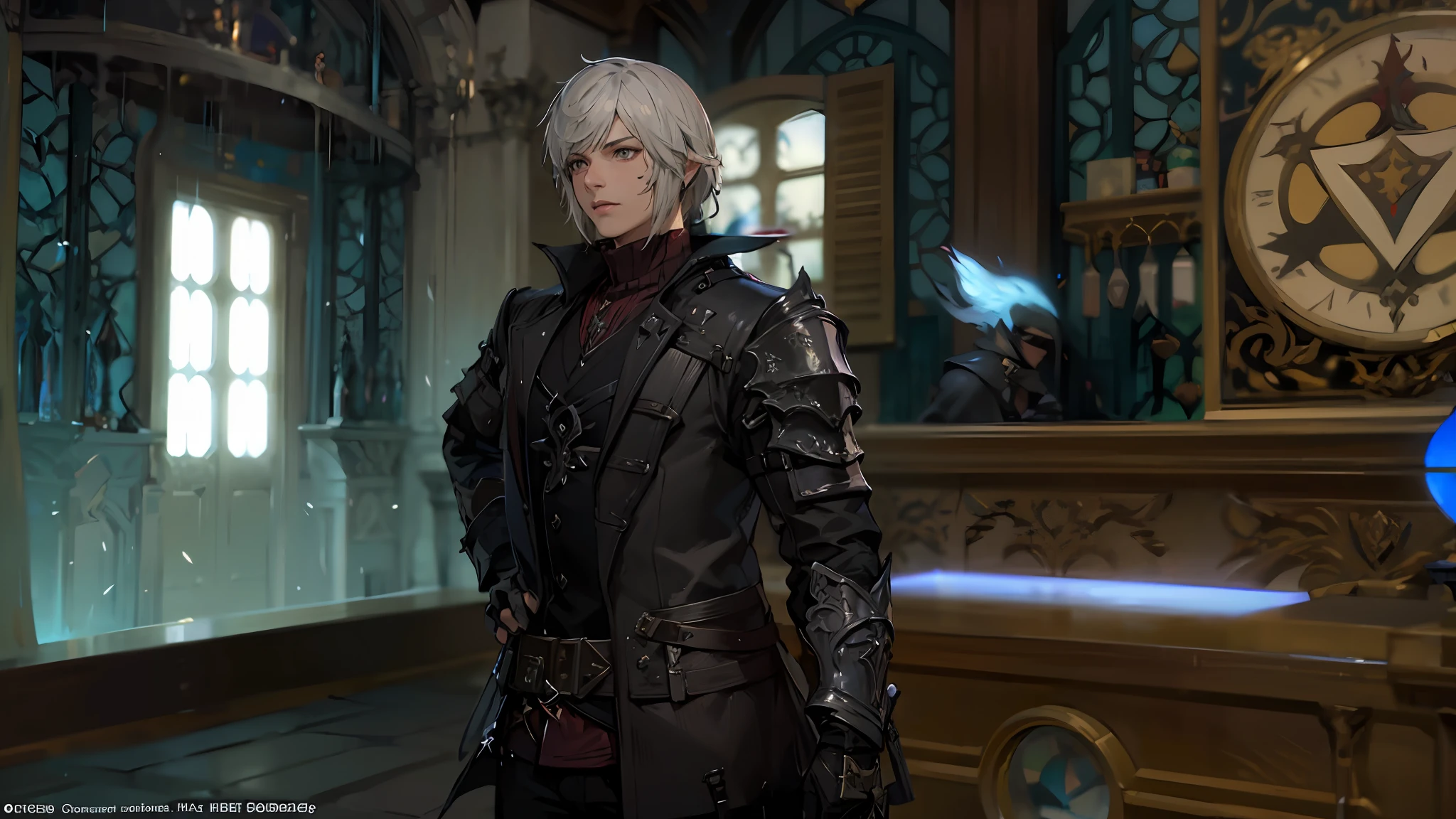 there is a man in a black jacket in a room, tranding on pxiv, final fantasy 14 style, final fantasy 1 4 screenshot, alluring mesmer woman, ffxiv, final fantasy xiv, 2 b, 2b, final fantasy 14 sharp, final fantasy 1 4, ffxiv heavensward, ornate bikini armor, hd screenshot