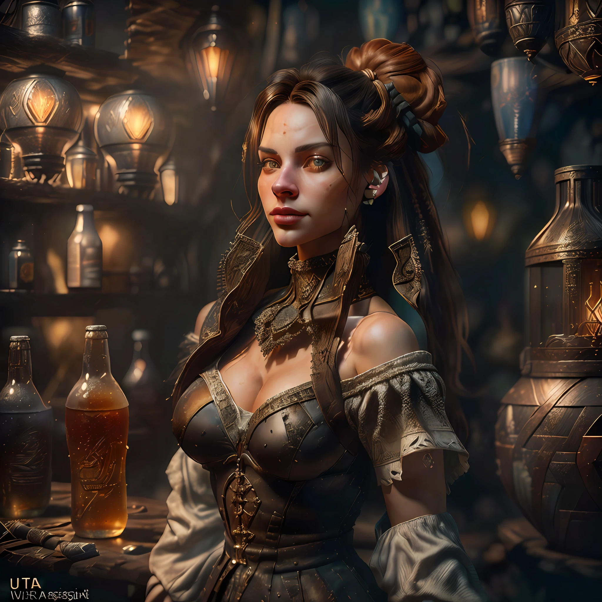 beautiful ginger women in detailed dress at cozy detailed potions shop, air above hair, IPA award wining, masterpiece, (((intricate ship, art by Lomonosov, wide angle lens f/2.8, ultra insane high resolution intricate textures, texture indentation, perfect perspective, ultra perfect geometry, ultra insane ambient lighting, ultra insane ambient shadows, ultra luminism, global illumination, ultra detailed busy background, night, tessellation, maximalism, perfectionism, IPA Award wining masterpiece, insane details)))