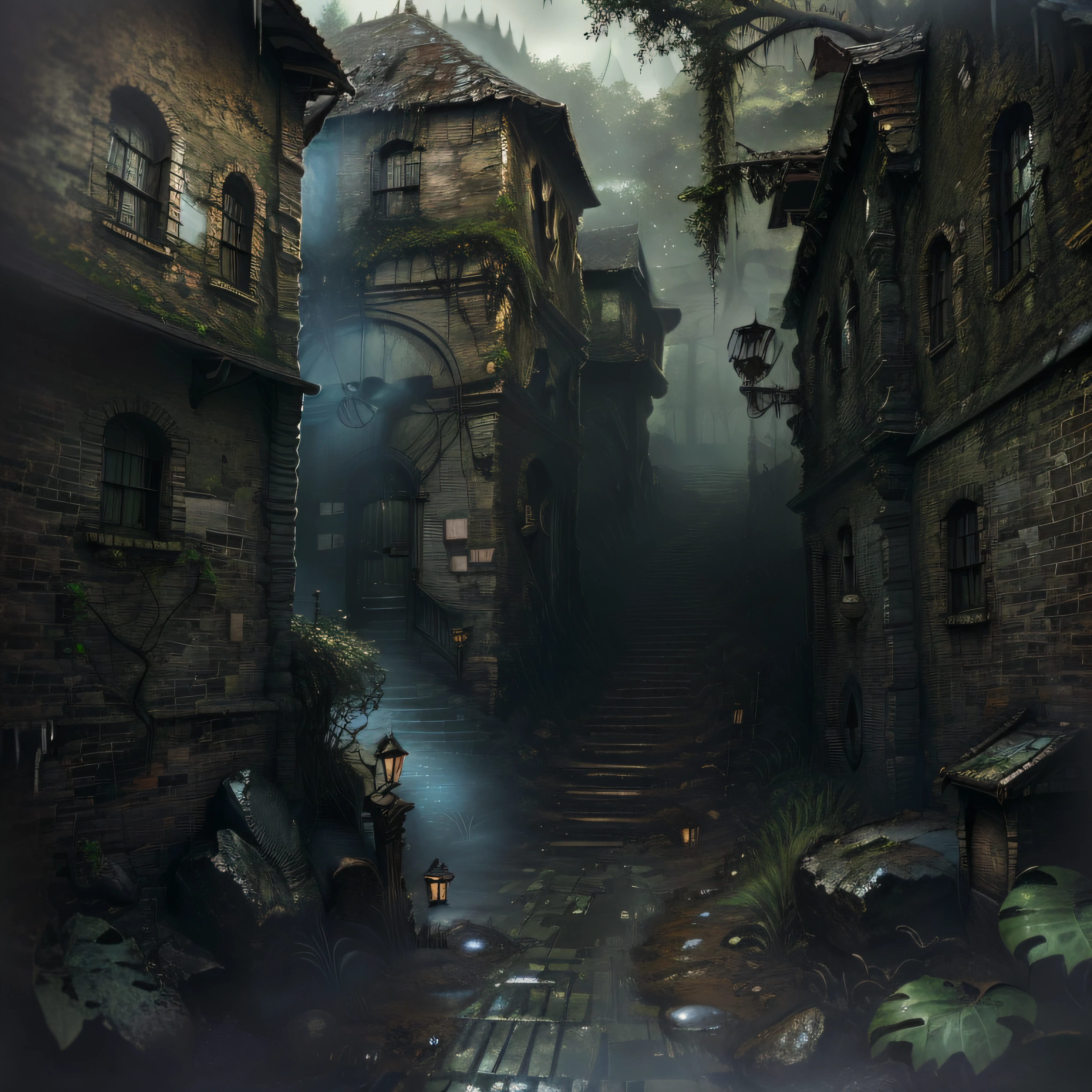 There is a brick staircase, misty alleys, green alley, a long staircase, in the middle of nature fully covered, misty alley, dense with vegetation, rainy and gloomy atmosphere, covered with vegetation, day after rain, green alleys, walls are covered with vines, in the rain in the early evening, hedges, just after the rain