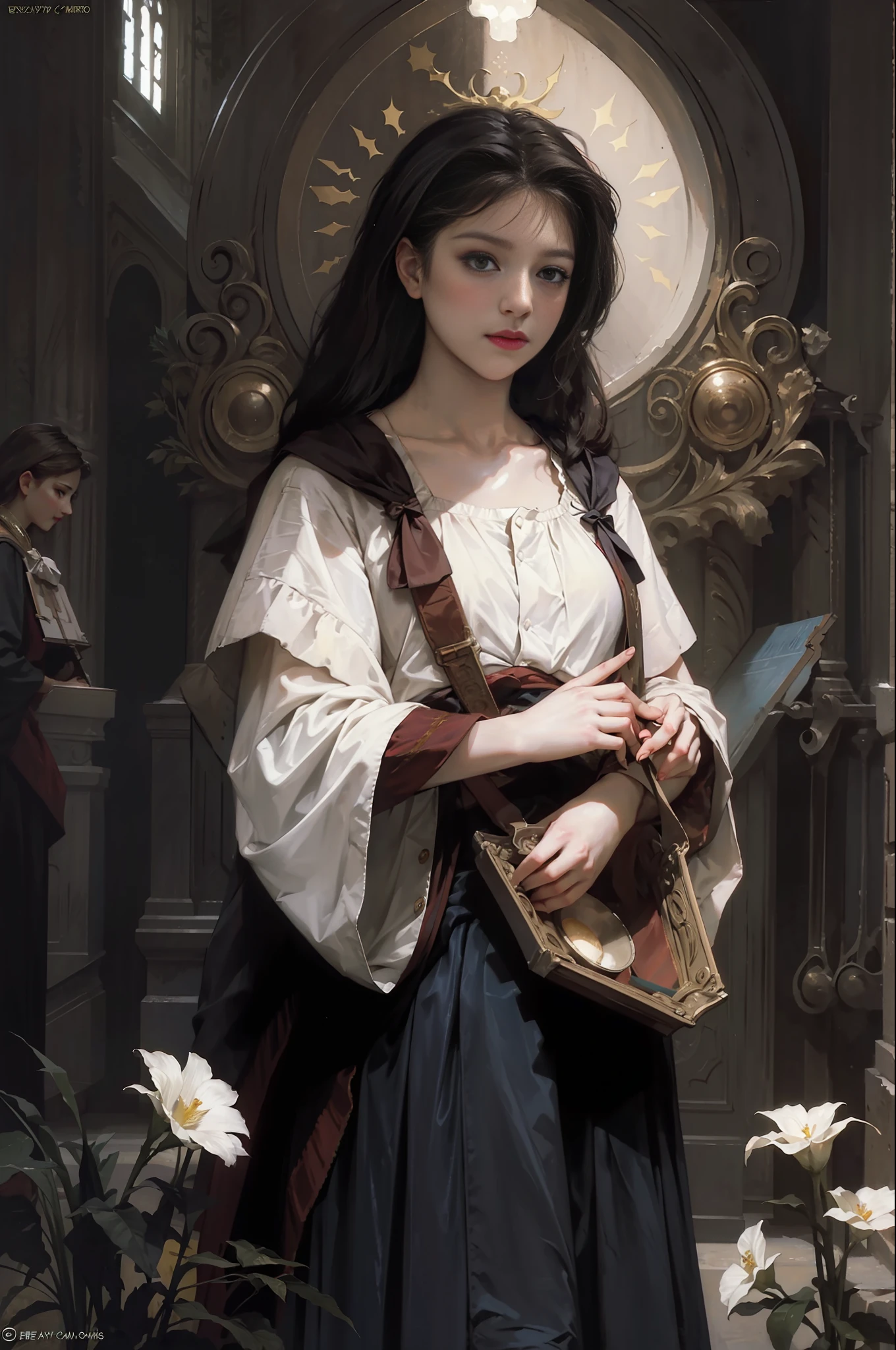 (masterpiece, official art, beautiful and aesthetic),(best quality:1.2),light on face,cinematic lighting, (1girl:1.2), Depth of field, classical, church, elegent,