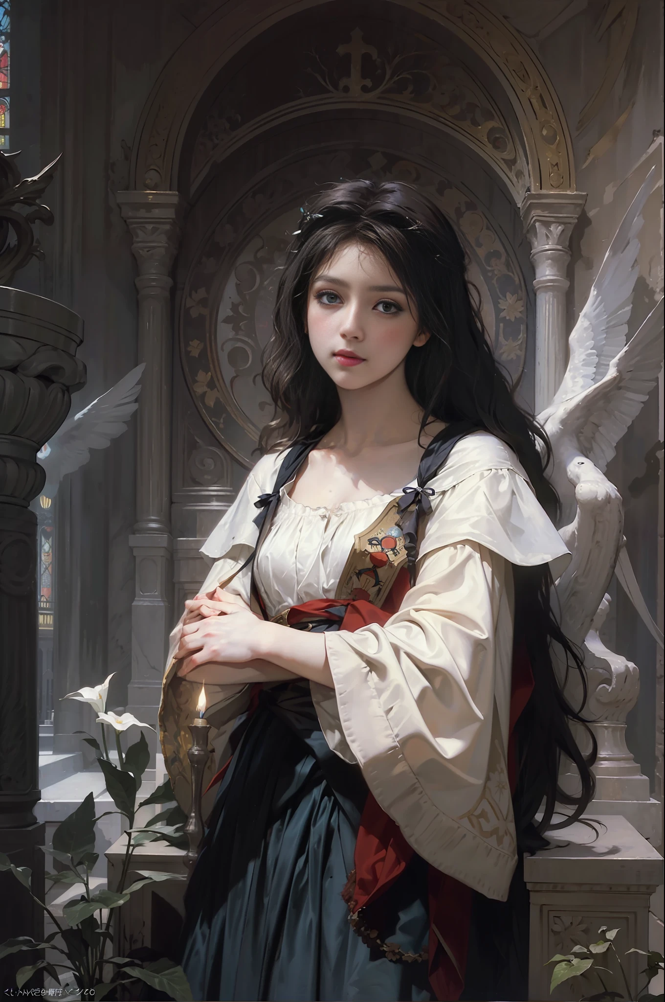 (masterpiece, official art, beautiful and aesthetic),(best quality:1.2),light on face,cinematic lighting, (1girl:1.2), Depth of field, classical, church, elegent,