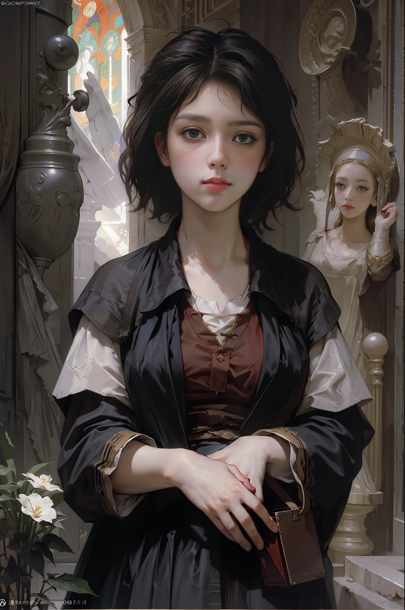 (masterpiece, official art, beautiful and aesthetic),(best quality:1.2),light on face,cinematic lighting, (1girl:1.2), Depth of field, classical, church, elegent,