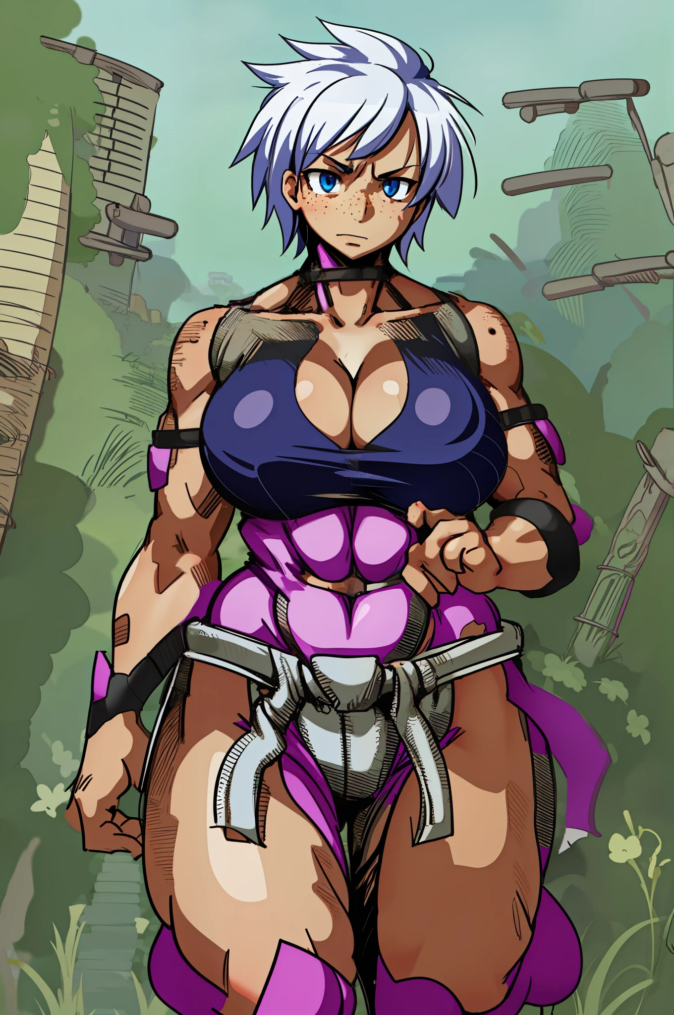 huge chest, tall woman, silver hair curved, short hair, tomboy, freckles, portrait,1character, full body,1girl, tall female, solo, solo focus, portrait, walking, warior,, martial art