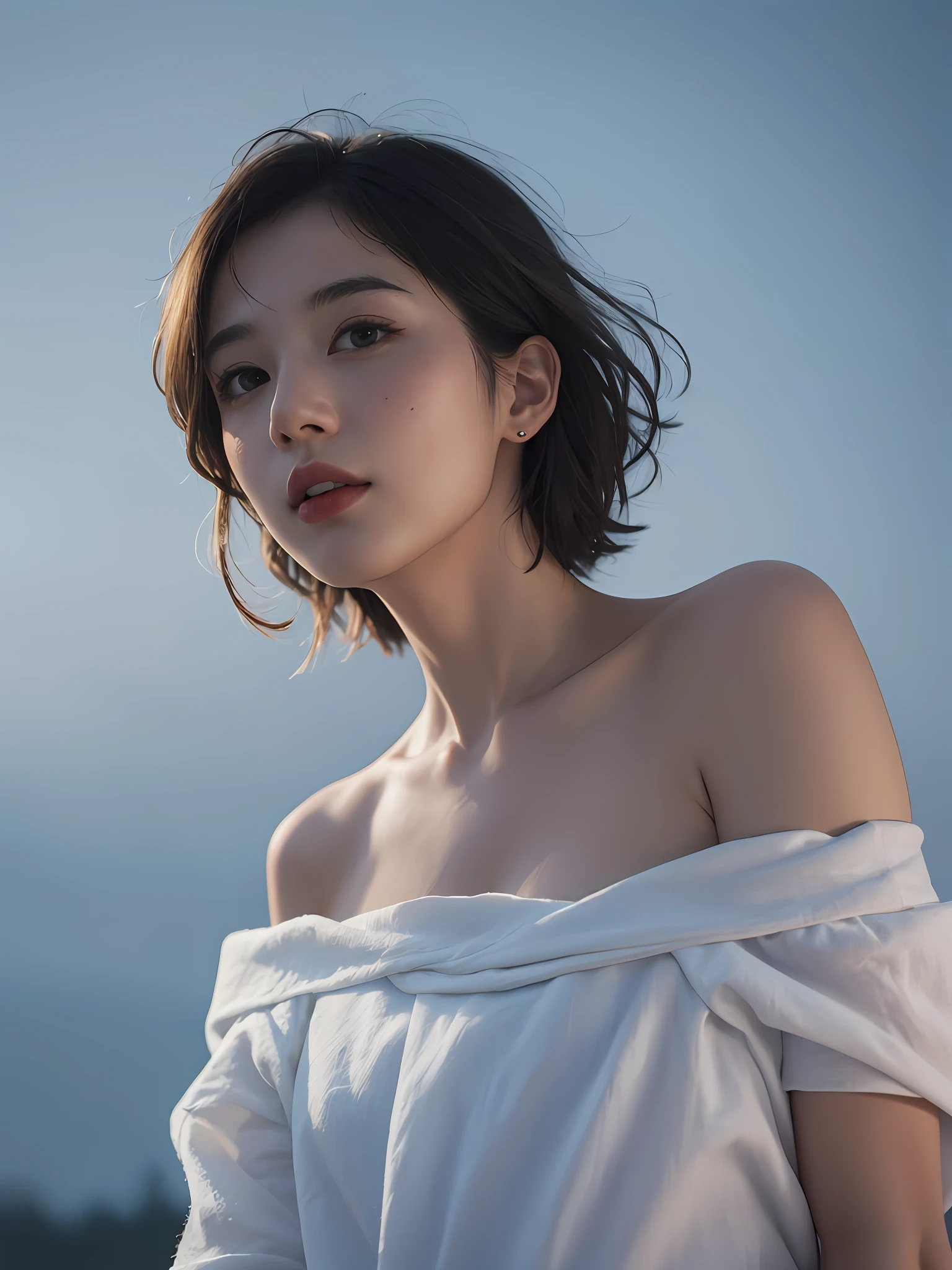 Best quality, masterpiece, ultra high res, (photorealistic:1.5), raw photo, 1girl, offshoulder, in the dark, deep shadow, low key, cold light, sexy look, short hair