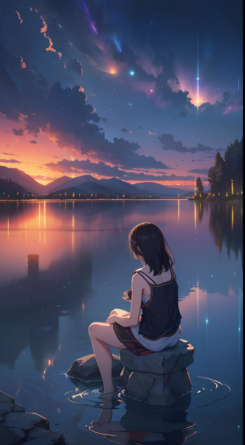"(extremely realistic, high quality, ultra definition), serene and calm nightscape of a lake, crystal clear waters, reflection. 1 girl alone sitting by the lake"