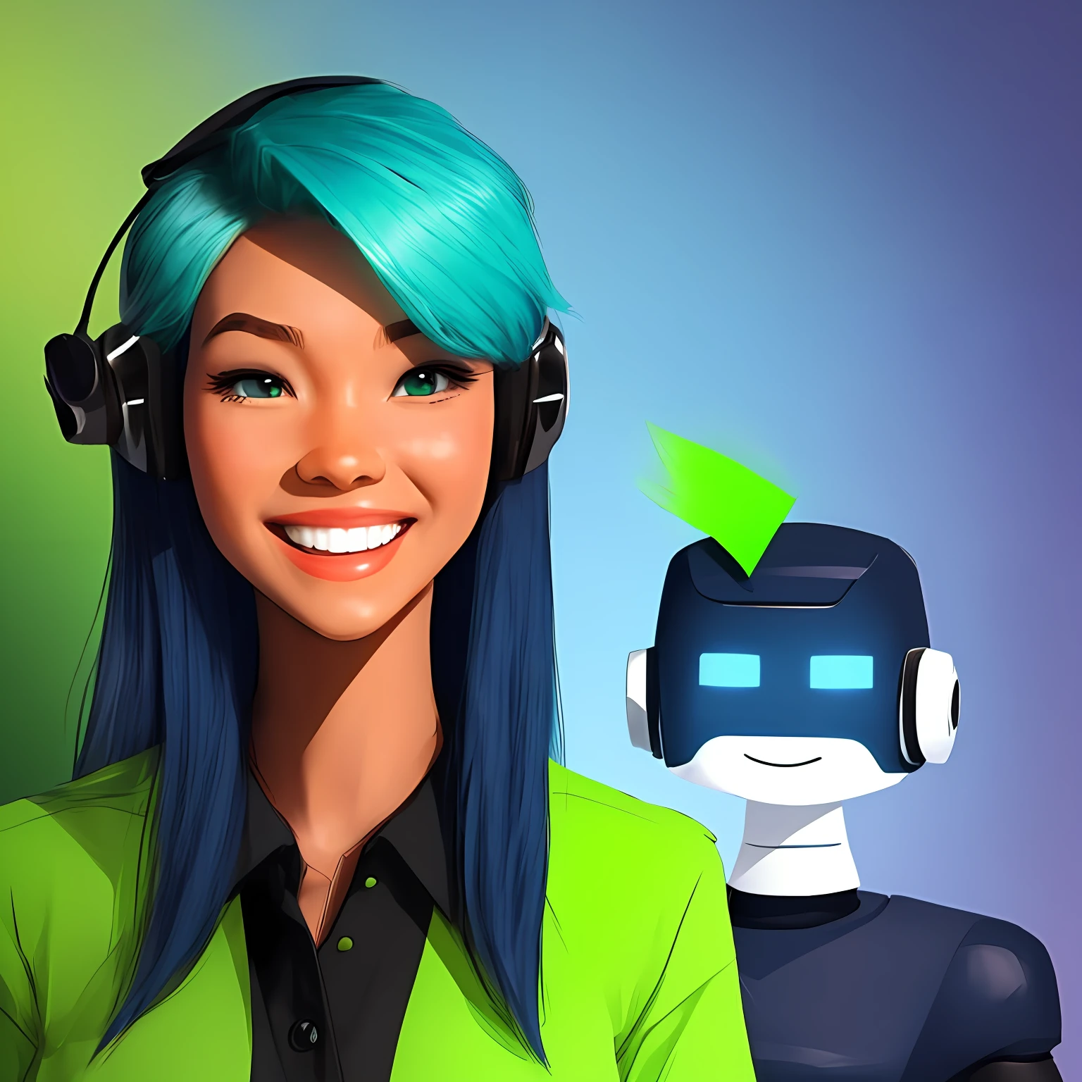 An avatar for a chatbot. A woman in a navy blue shirt and lime green hair. She looks corporate and is smiling. --auto