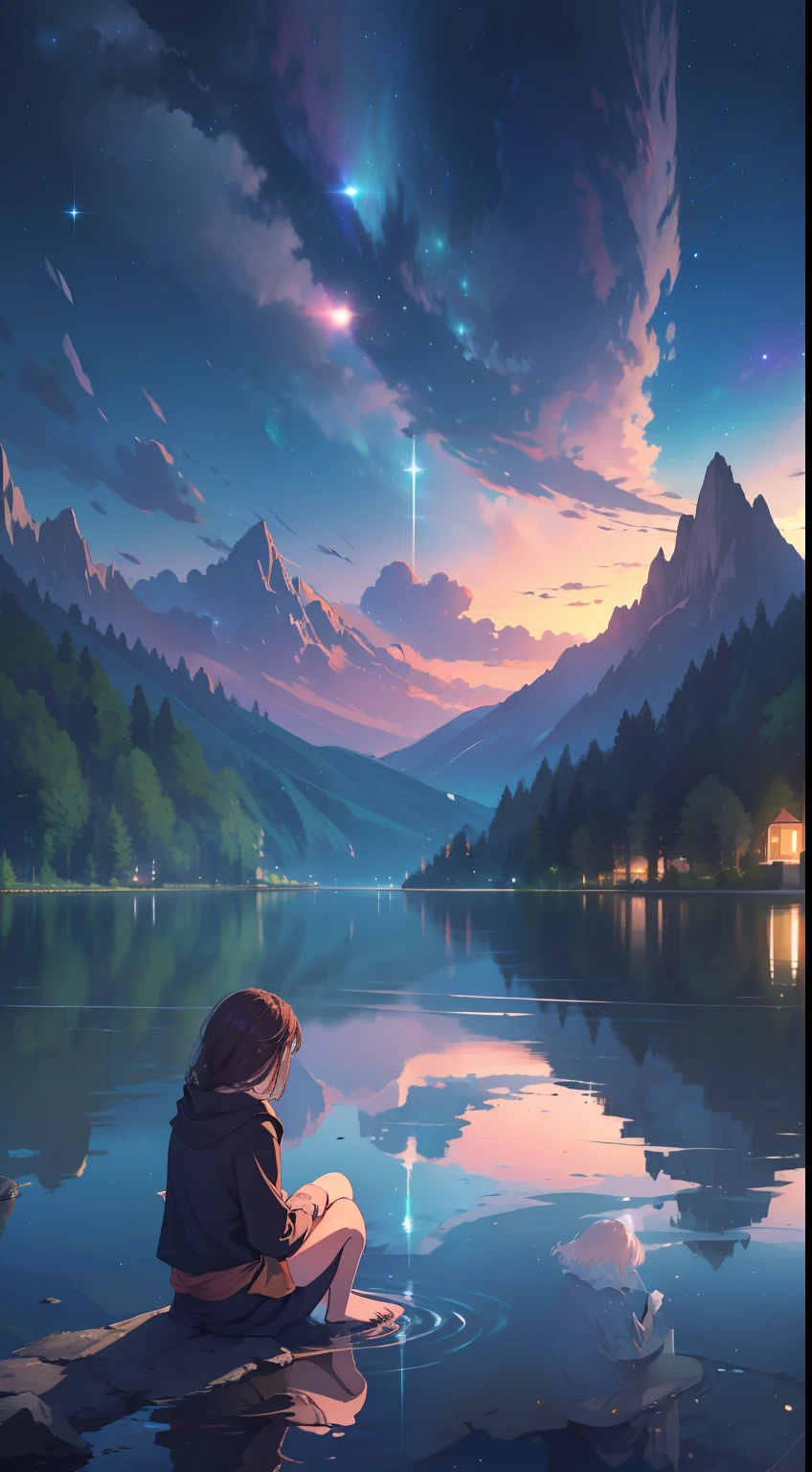 "(extremely realistic, high quality, ultra definition), serene and calm nightscape of a lake, crystal clear waters, reflection. 1 girl alone sitting by the lake"