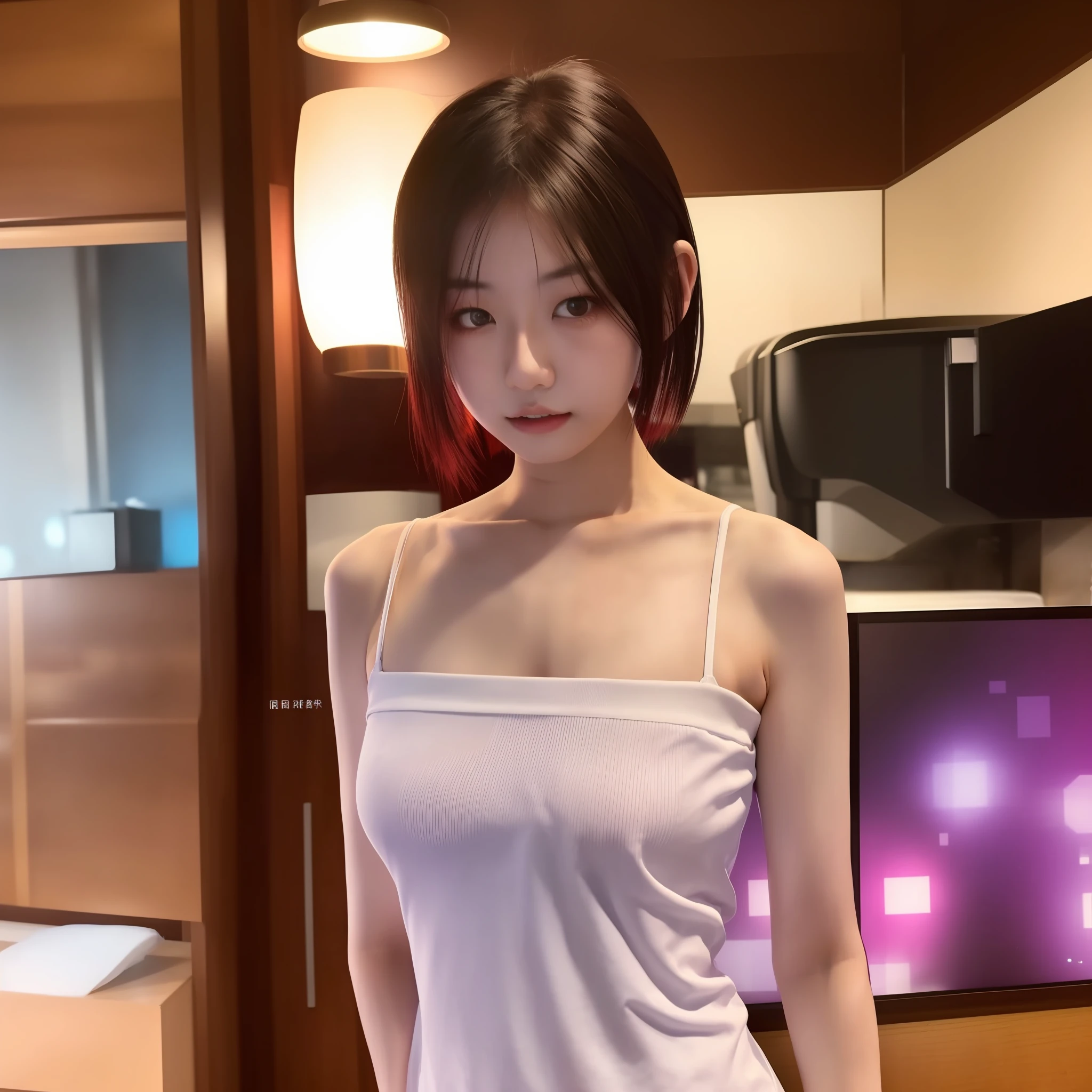 1girl, Chinese girl, 21-years-old, solo, arms behind, 3/4 shot, young sensual gravure idol, young pretty gravure idol, realistic, best quality, instgram, bare shoulders, white shirt, short hair