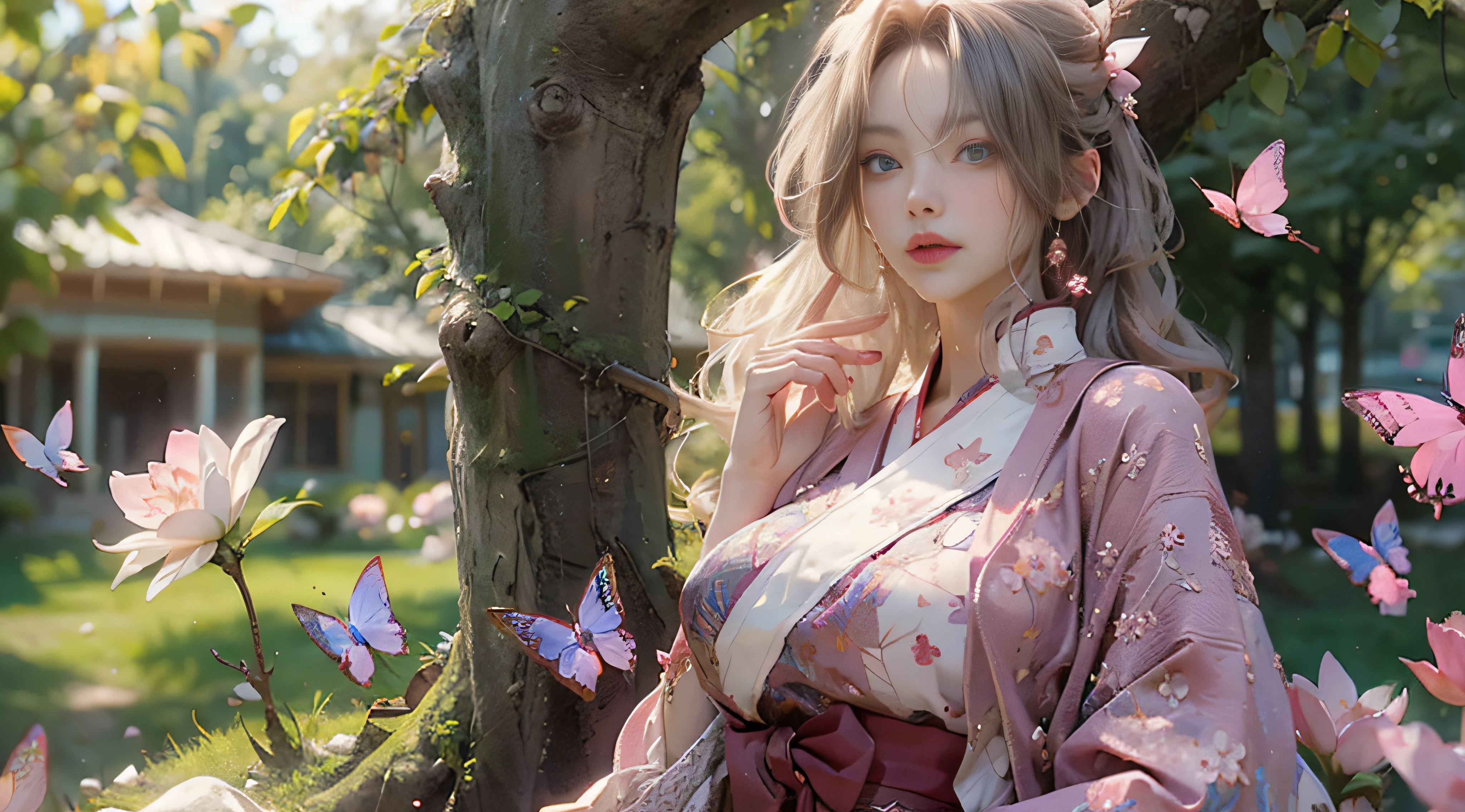 ((Best Quality)), ((Masterpiece)), (Detail: 1.4), 3D, Beautiful Cyberpunk Female Image, HDR (High Dynamic Range), Ray Tracing, NVIDIA RTX, Super Resolution, Unreal 5, Subsurface Scattering, PBR Texture, Post-Processing, Anisotropic Filtering, Depth of Field, Maximum Sharpness and Sharpness, Multi-layer Texture, Albedo and Highlight Mapping, Surface Coloring, Mitsu-Accurate Simulation of Material Interactions, Perfect Proportions, Octane Rendering, Two-color Light, Large Aperture, Low ISO, white balance, regular three-point, 8K RAW, beautiful bright pupils, flowing robe, fine pupils, delicate face and eyes, long eyelashes, blush, fluffy hair, pink lips, pure, cute, sweet girl, cherry blossom petals falling, butterflies, high-class sense