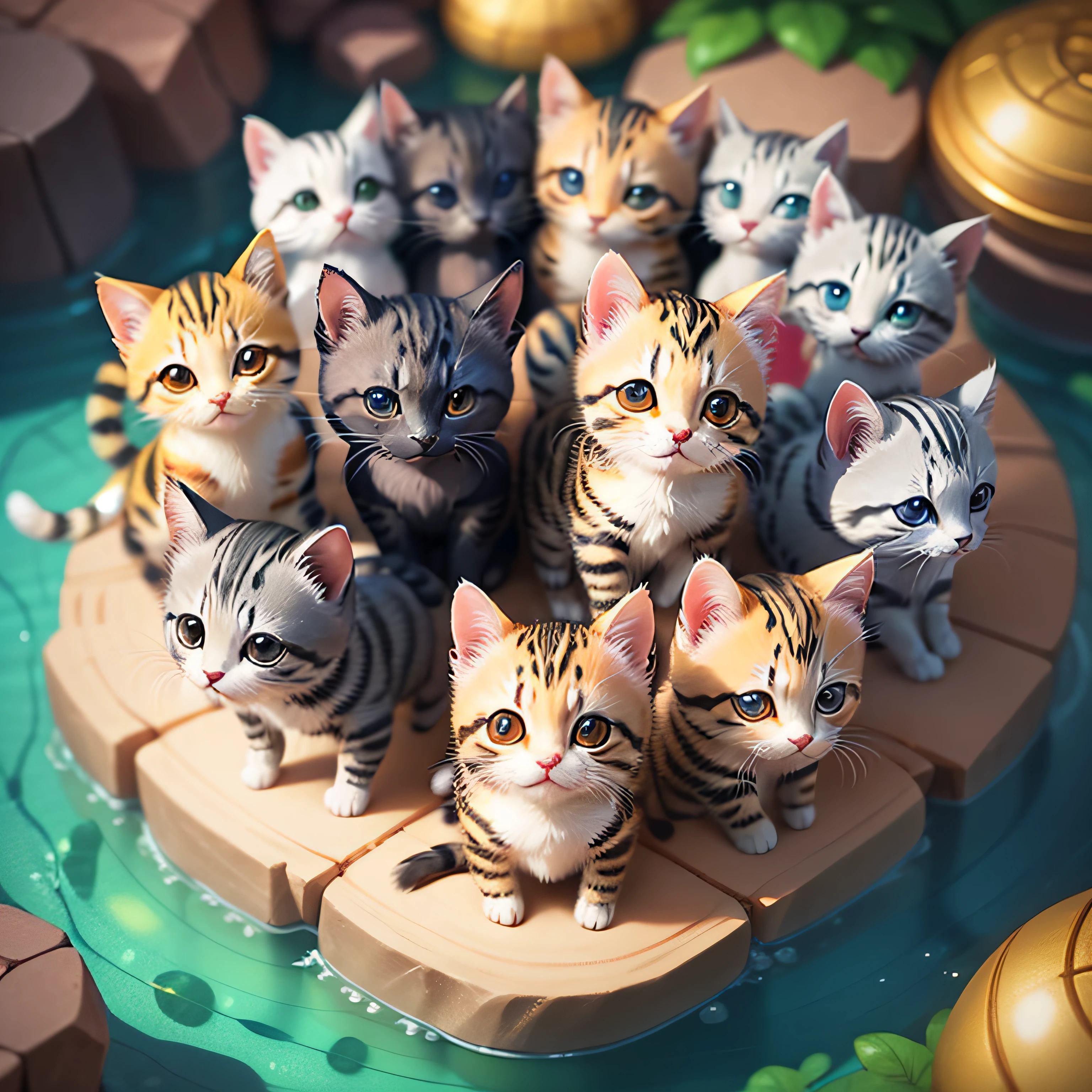 A close-up of many small kittens, isometric, with different facial expressions, set of high-quality HD sprites, 2D game asset, high-quality character design, cartoon concept art --auto