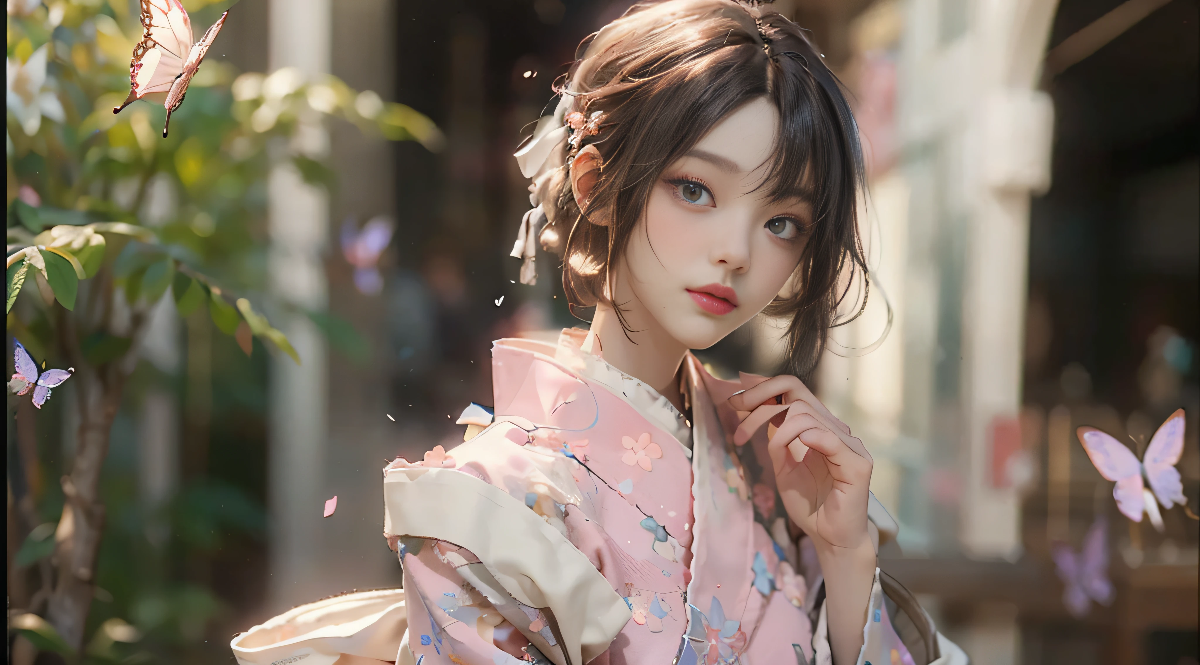 ((Best Quality)), ((Masterpiece)), (Detail: 1.4), 3D, Beautiful Cyberpunk Female Image, HDR (High Dynamic Range), Ray Tracing, NVIDIA RTX, Super Resolution, Unreal 5, Subsurface Scattering, PBR Texture, Post-Processing, Anisotropic Filtering, Depth of Field, Maximum Sharpness and Sharpness, Multi-layer Texture, Albedo and Highlight Mapping, Surface Coloring, Mitsu-Accurate Simulation of Material Interactions, Perfect Proportions, Octane Rendering, Two-color Light, Large Aperture, Low ISO, white balance, regular three-point, 8K RAW, beautiful bright pupils, flowing robe, fine pupils, delicate face and eyes, long eyelashes, blush, fluffy hair, pink lips, pure, cute, sweet girl, cherry blossom petals falling, butterflies, high-class sense