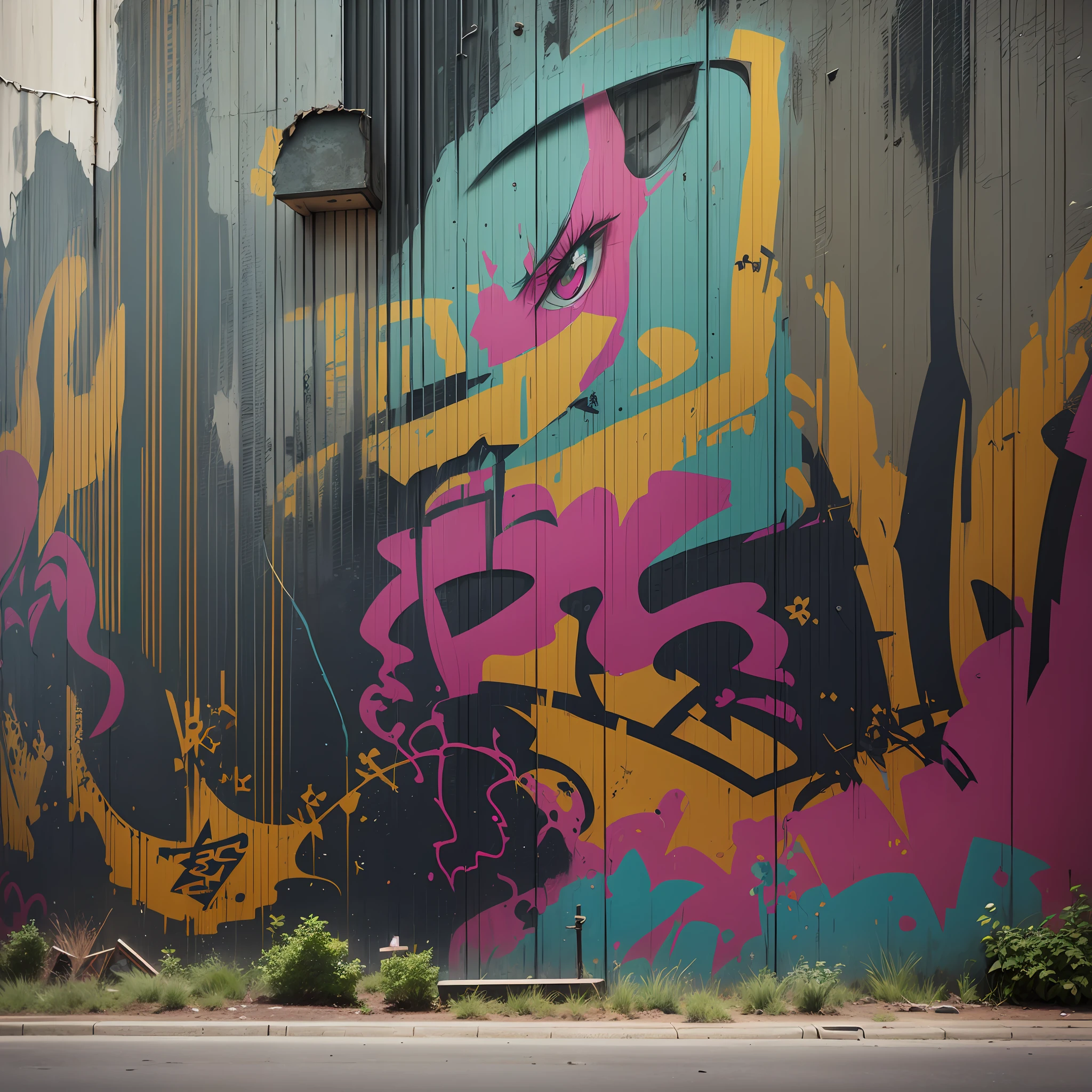 ((a forntal wall at ground level)), with graffiti in a dystopian city, realistic, 32 k, --auto --s2