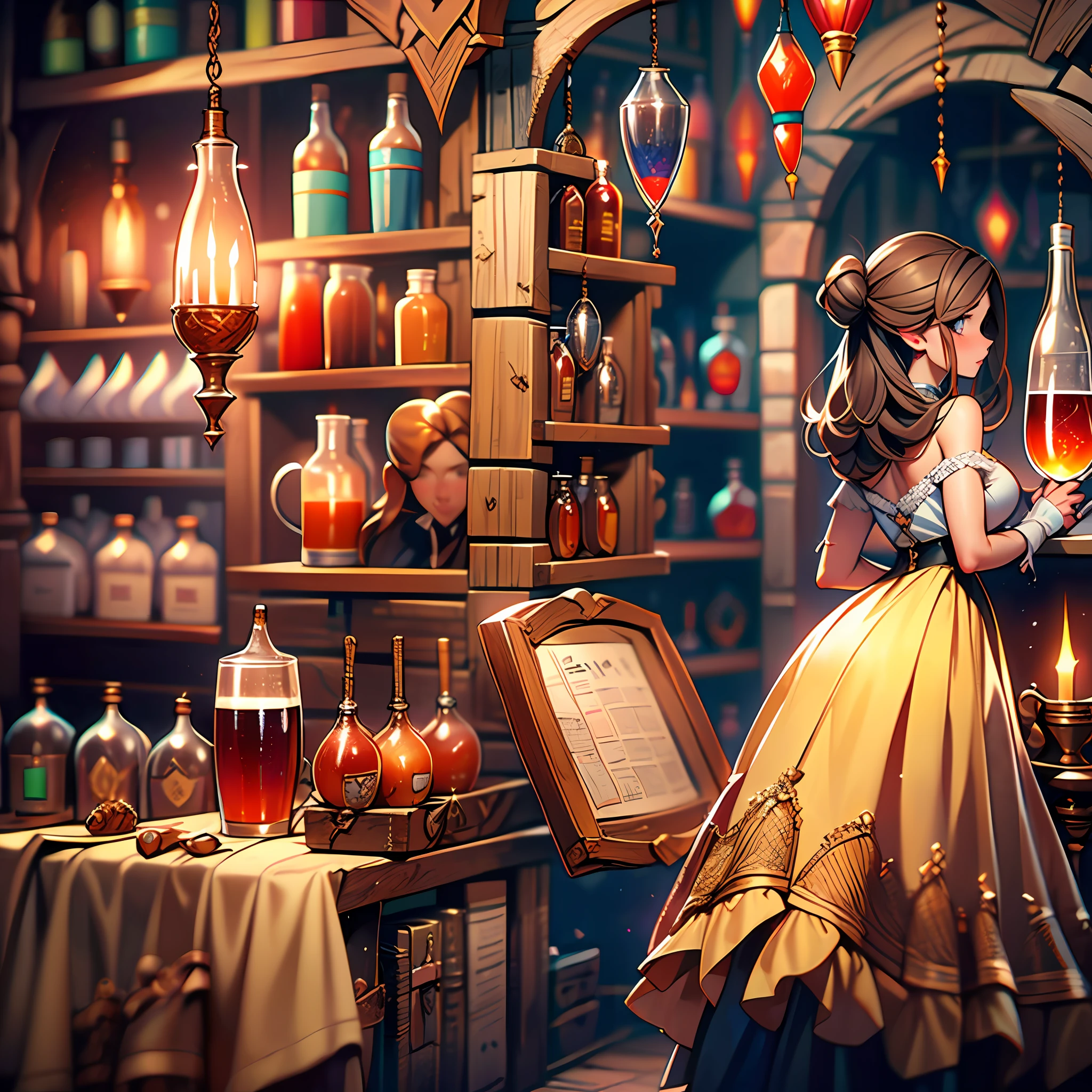 beautiful ginger women in detailed dress at cozy detailed potions shop, air above hair, IPA award wining, masterpiece, best lighting, best shadows, best reflections,