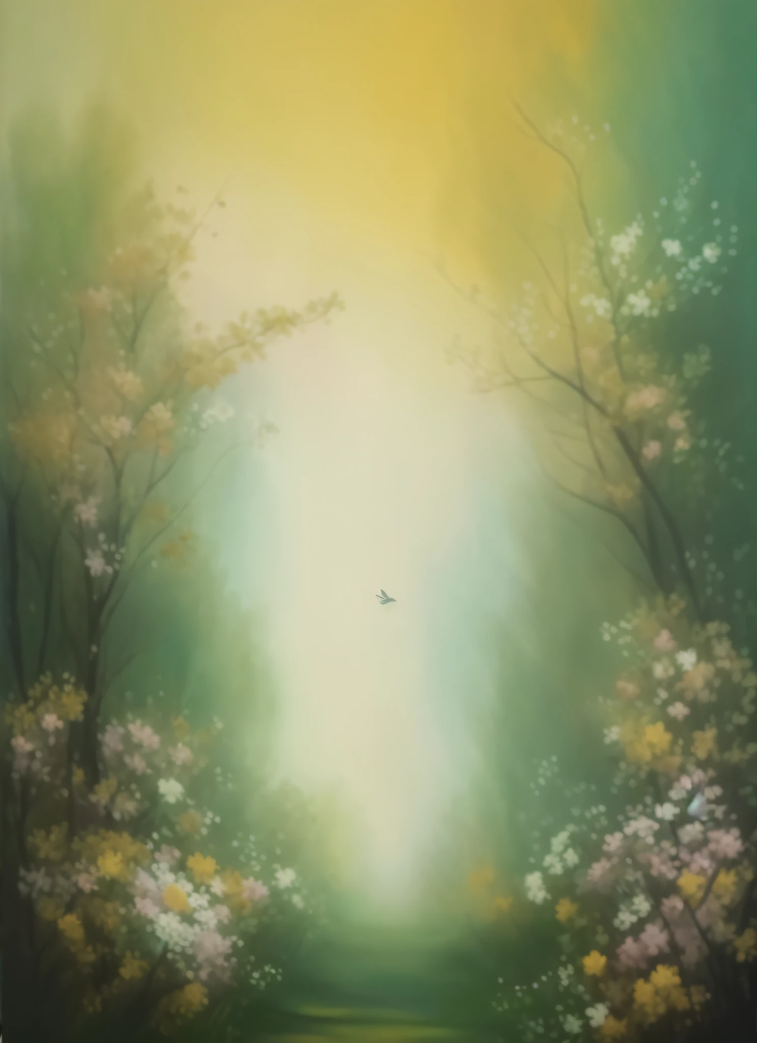 painting of a path with flowers and trees in the middle, by Riusuke Fukahori, inspired by Ross Bleckner, painting of a dreamscape, light bloom, blossoming path to heaven, soft forest background, dreamy painting of coronavirus, inspired by Riusuke Fukahori, soft focus oil canvas painting, atmospheric artwork --auto