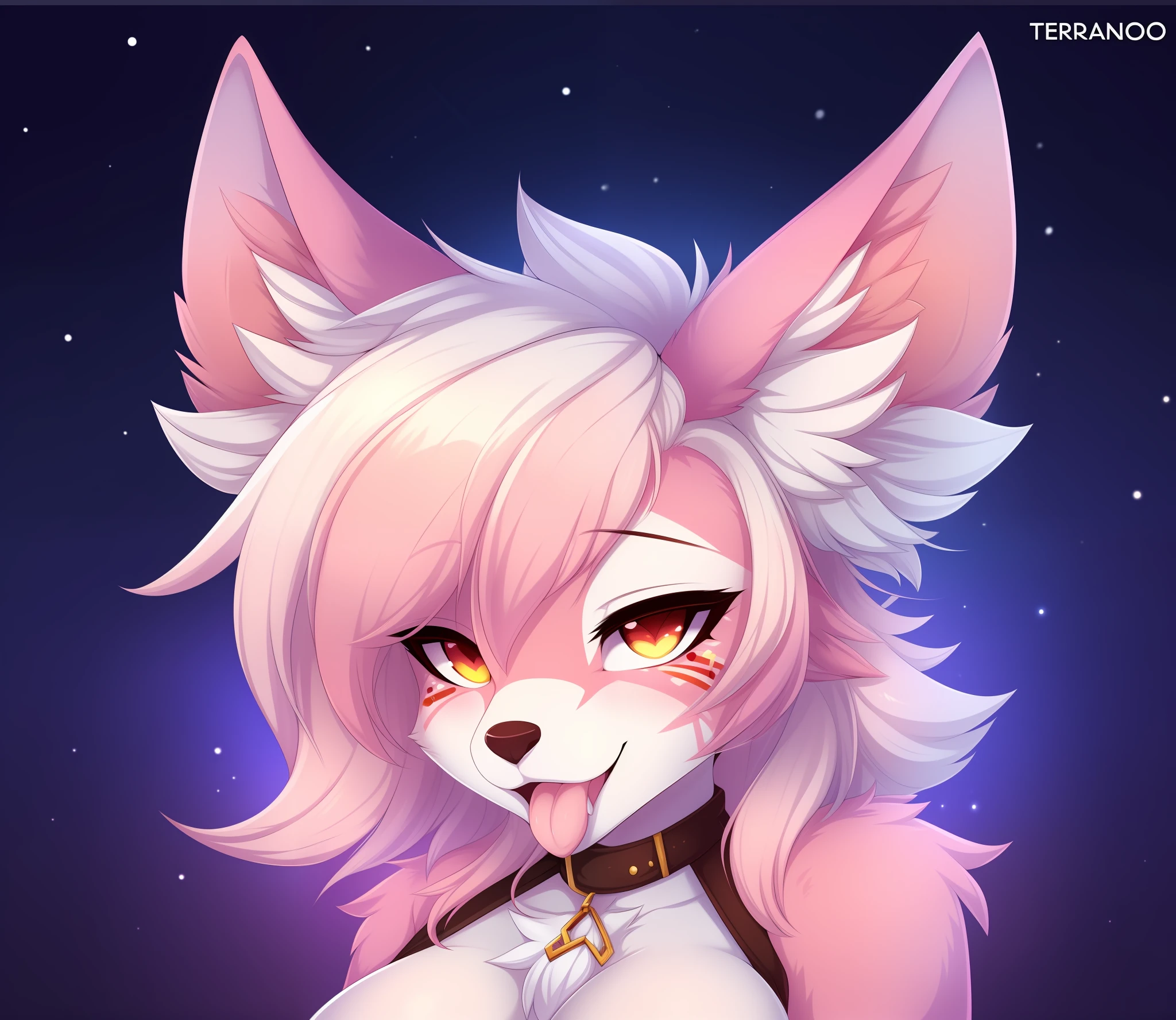 ((face painting)), ((masterpiece, best quality)), (anthro furry:1.3, anthro:1.3, hairy:1.2, female solo:1.2, neckline, ahegao), by teranen, (coffeesoda:1.1), teranen, fox, anthro, female, solo, pleasure face, Breathless, pink right iris, pink left iris, pink body, big boobs, chubby, white hair, white bangs, pink hair, pink ears, (neve_meio environment), chest fluff, heart eyes, ((SFW))