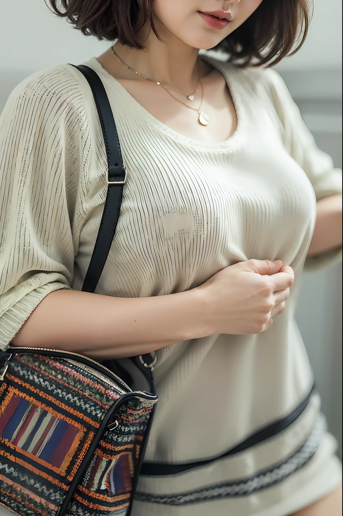 (Best Quality, 8k, 32k, Masterpiece, UHD: 1.2), Cute Japan Woman Pictures, Big Breasts, T-shirt, Thin String Bag Hanging from Shoulders to Chest, Very Short Bob Hair, Upper Body, Face Focus, (oversized_sweater, : 1.1) Necklace, Simple Background, Looking Viewer, Leaning Forward, T-shirt, Extreme Breast Bulge,