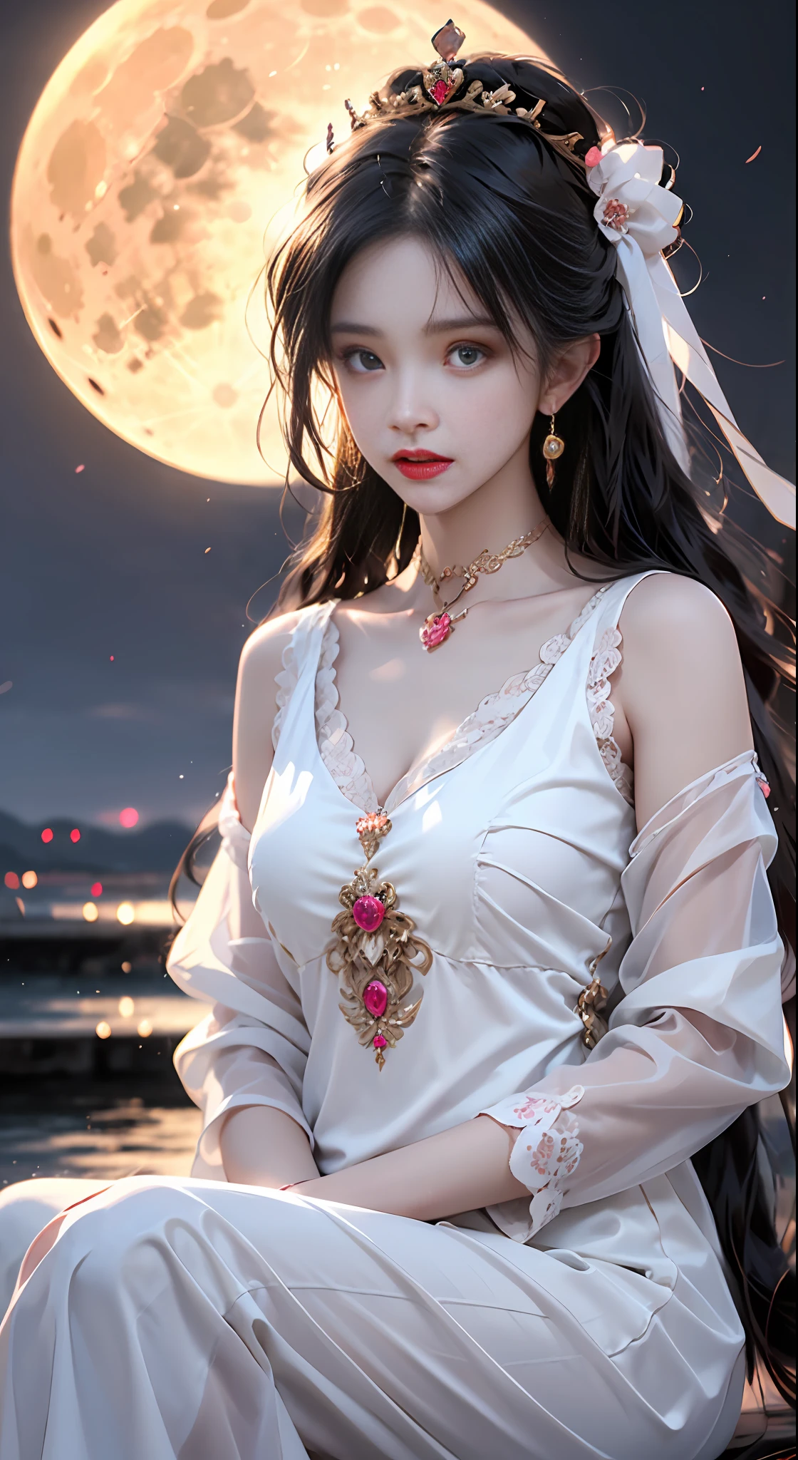 1 adult empress wearing a red lace top, deep-breasted nightgown, Chinese-style clothes, ancient costumes with many phoenix patterns, flawless pink and white face, crowned head, hip-length black hair , very beautiful and sharp brown eyes, small red lips, painted lips, closed mouth, jewelry worn around the neck, earrings, white and even teeth, high nose, big round breasts, the girl's body is covered with water on chest, long legs, thin mesh black socks, portrait, most realistic, highest quality, best pixels, 8k ultra , (clear super big moon background: 1.8)