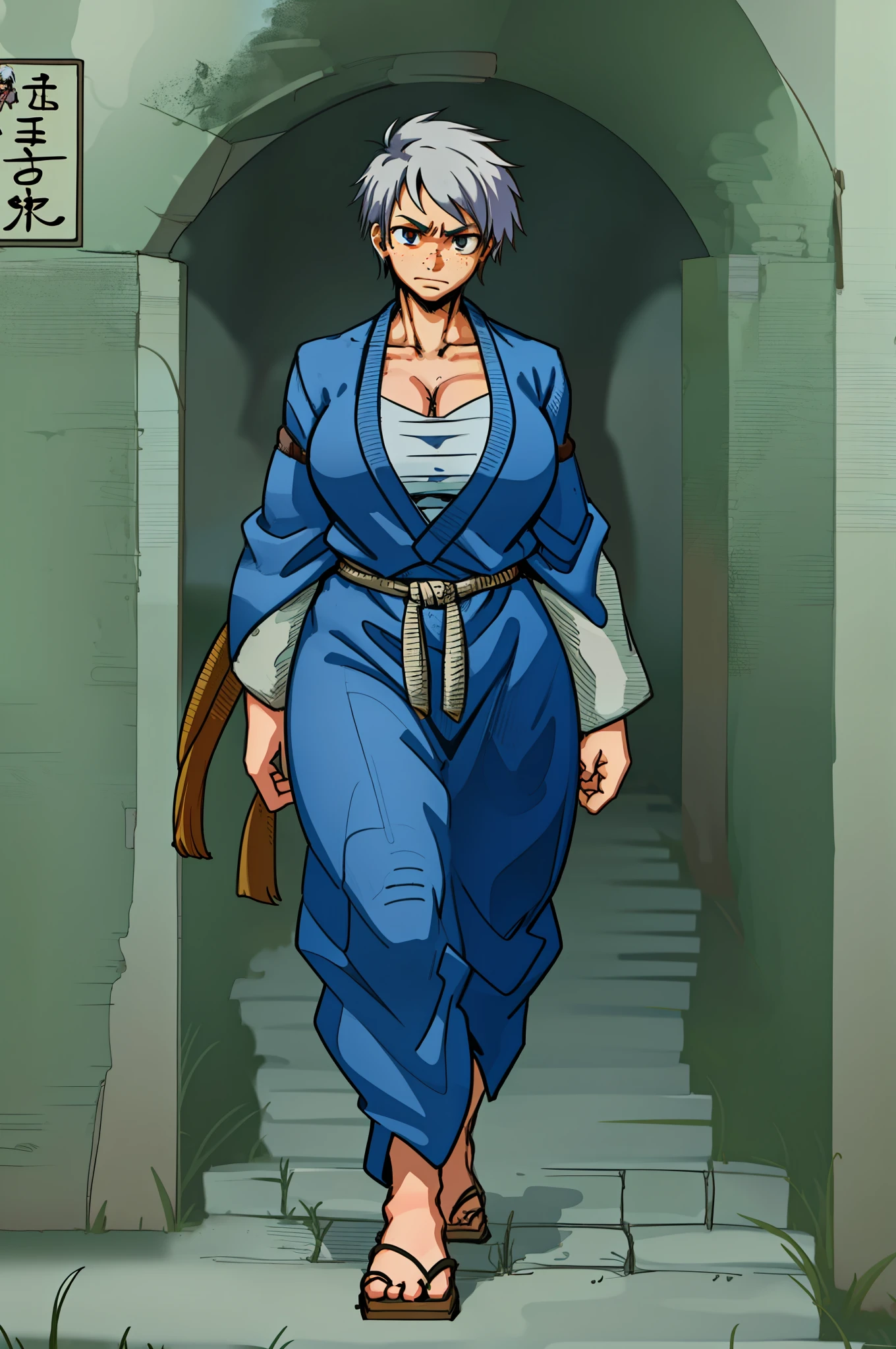 huge chest, tall woman, silver hair curved, short hair, tomboy, freckles, portrait,1character, full body,1girl, tall female, solo, solo focus, portrait, walking, warior,, martial art