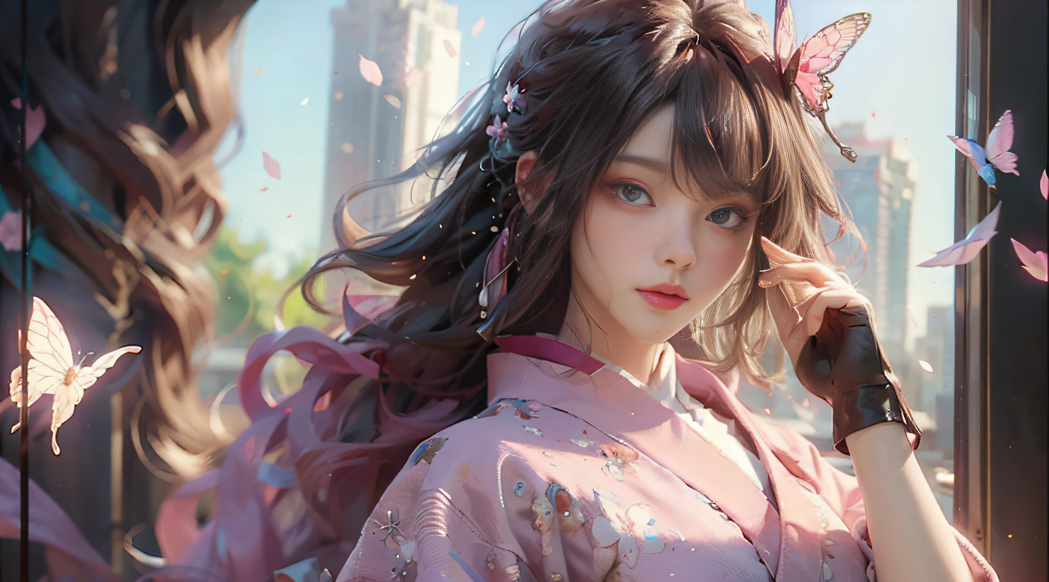 ((Best Quality)), ((Masterpiece)), (Detail: 1.4), 3D, Beautiful Cyberpunk Female Image, HDR (High Dynamic Range), Ray Tracing, NVIDIA RTX, Super Resolution, Unreal 5, Subsurface Scattering, PBR Texture, Post-Processing, Anisotropic Filtering, Depth of Field, Maximum Sharpness and Sharpness, Multi-layer Texture, Albedo and Highlight Mapping, Surface Coloring, Mitsu-Accurate Simulation of Material Interactions, Perfect Proportions, Octane Rendering, Two-color Light, Large Aperture, Low ISO, white balance, regular three-point, 8K RAW, beautiful bright pupils, flowing robe, fine pupils, delicate face and eyes, long eyelashes, blush, fluffy hair, pink lips, pure, cute, sweet girl, cherry blossom petals falling, butterflies, high-class sense
