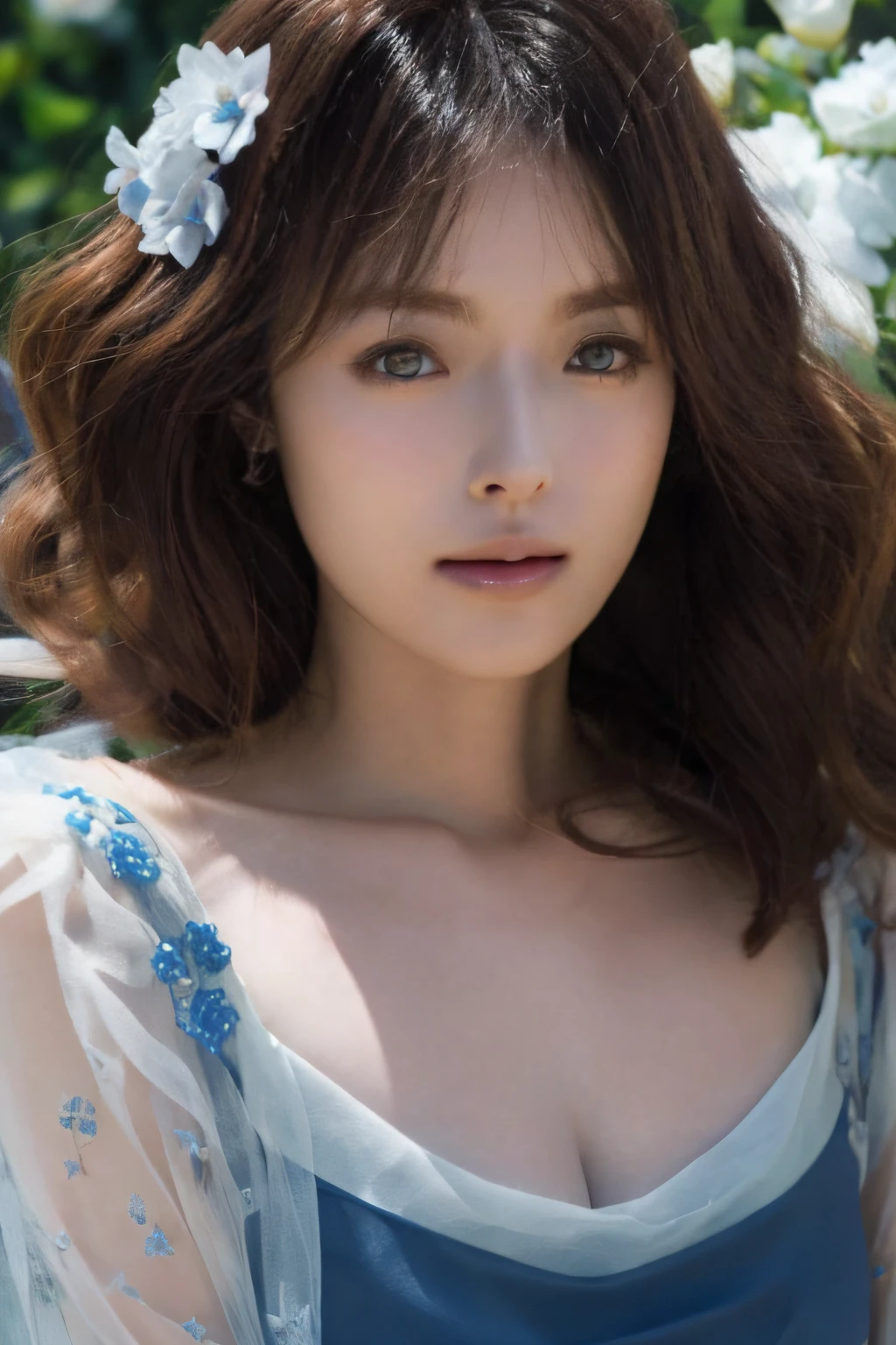 long blue dress (fabric manipulation), pretty face (olive skin, cat eyes), classic, high quality, masterpiece,ultra realistic,32k,extremely detailed CG unity 8k wallpaper, best quality, 1 girl, frontview, full body, curly hair, embroidered flower dress (white and dark blue flowers), , makeup