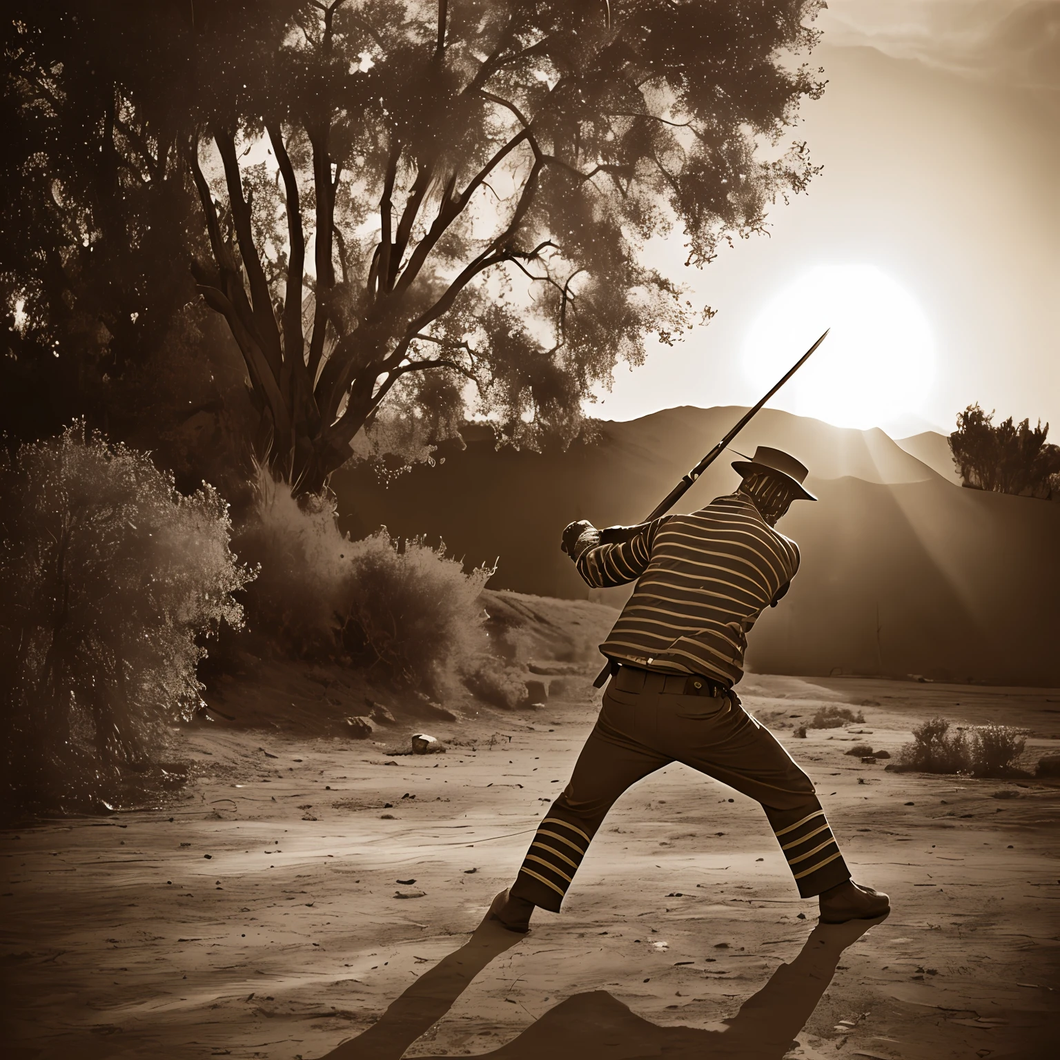 (Freddy Krueger), (claws out of hand), fighting in Afghanistan, photograph, 35 mm, realistic, sepia --auto