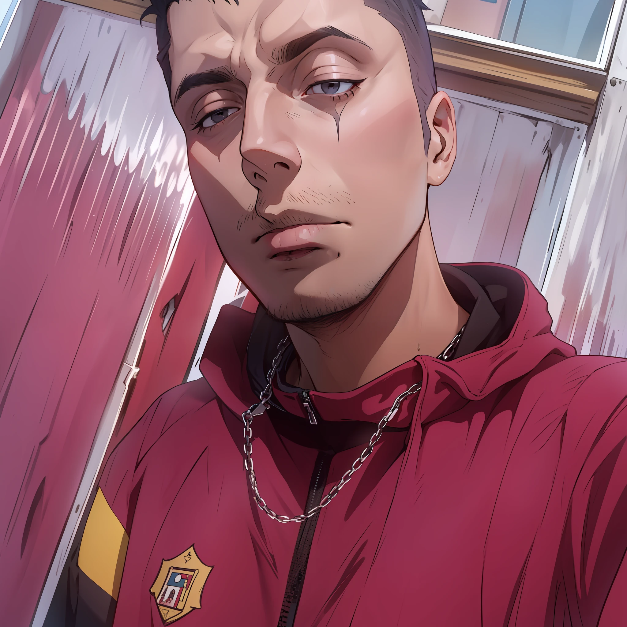 arafed man in a red jacket with a chain around his neck, young handsome pale roma, jose miguel roman frances, ismail, around 1 9 years old, young spanish man, mateus 9 5, michal, profile pic, andres rios, real ungine, profile picture 1024px, encho enchev, artur bordello