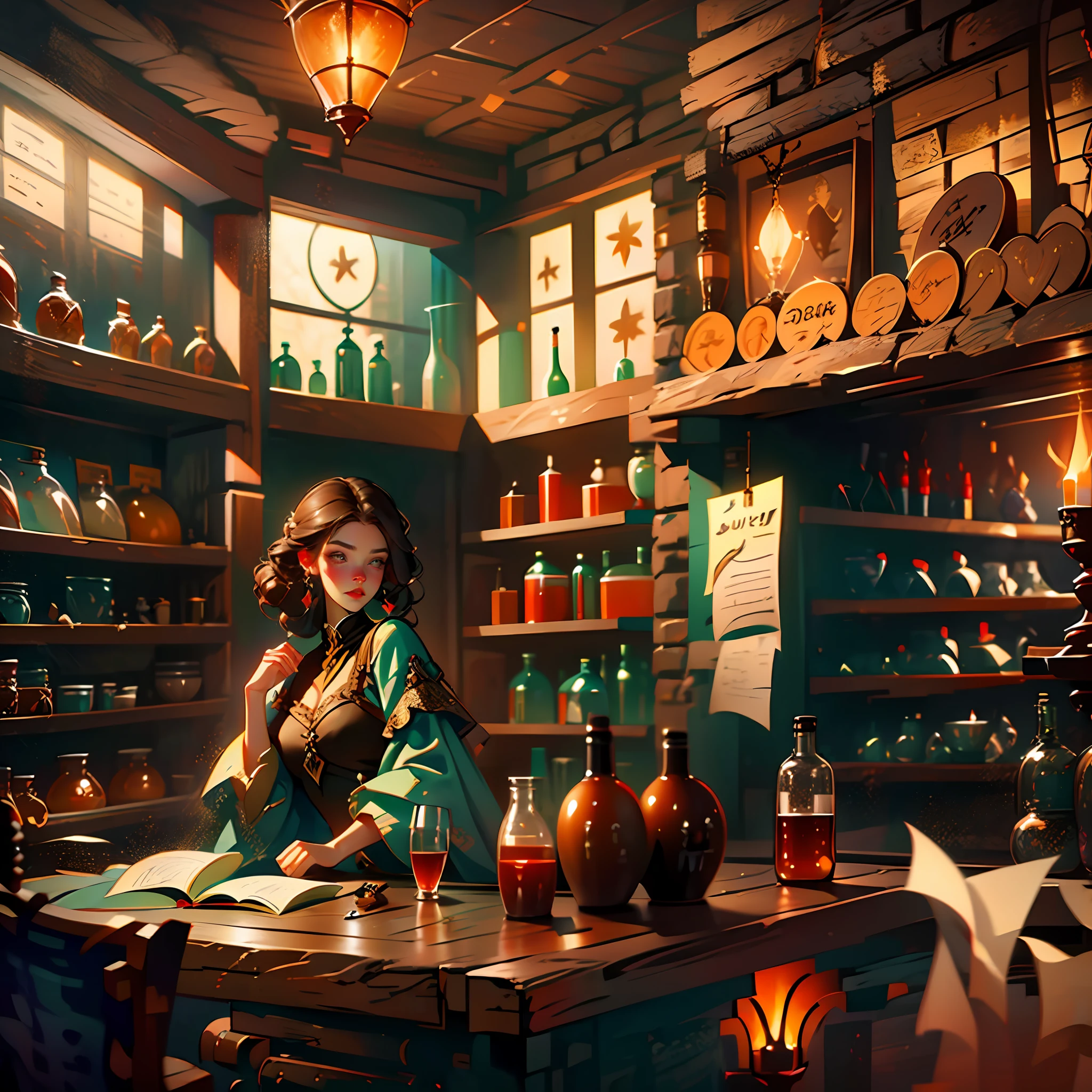 beautiful ginger women in detailed dress at cozy detailed potions shop, air above hair, IPA award wining, masterpiece, best lighting, best shadows, best reflections,