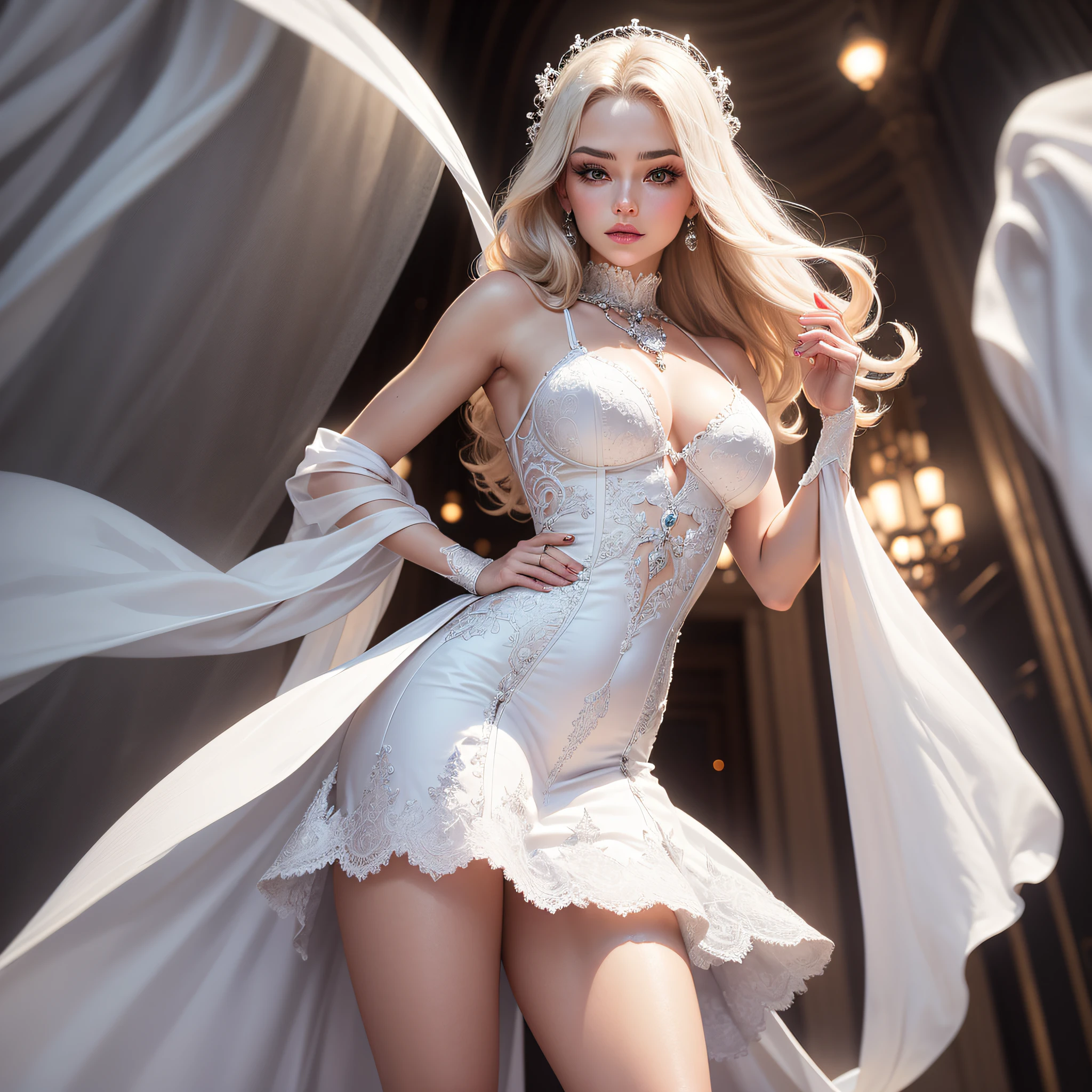 Pretty woman dressed in a white and short dress made with diamonds very intricate