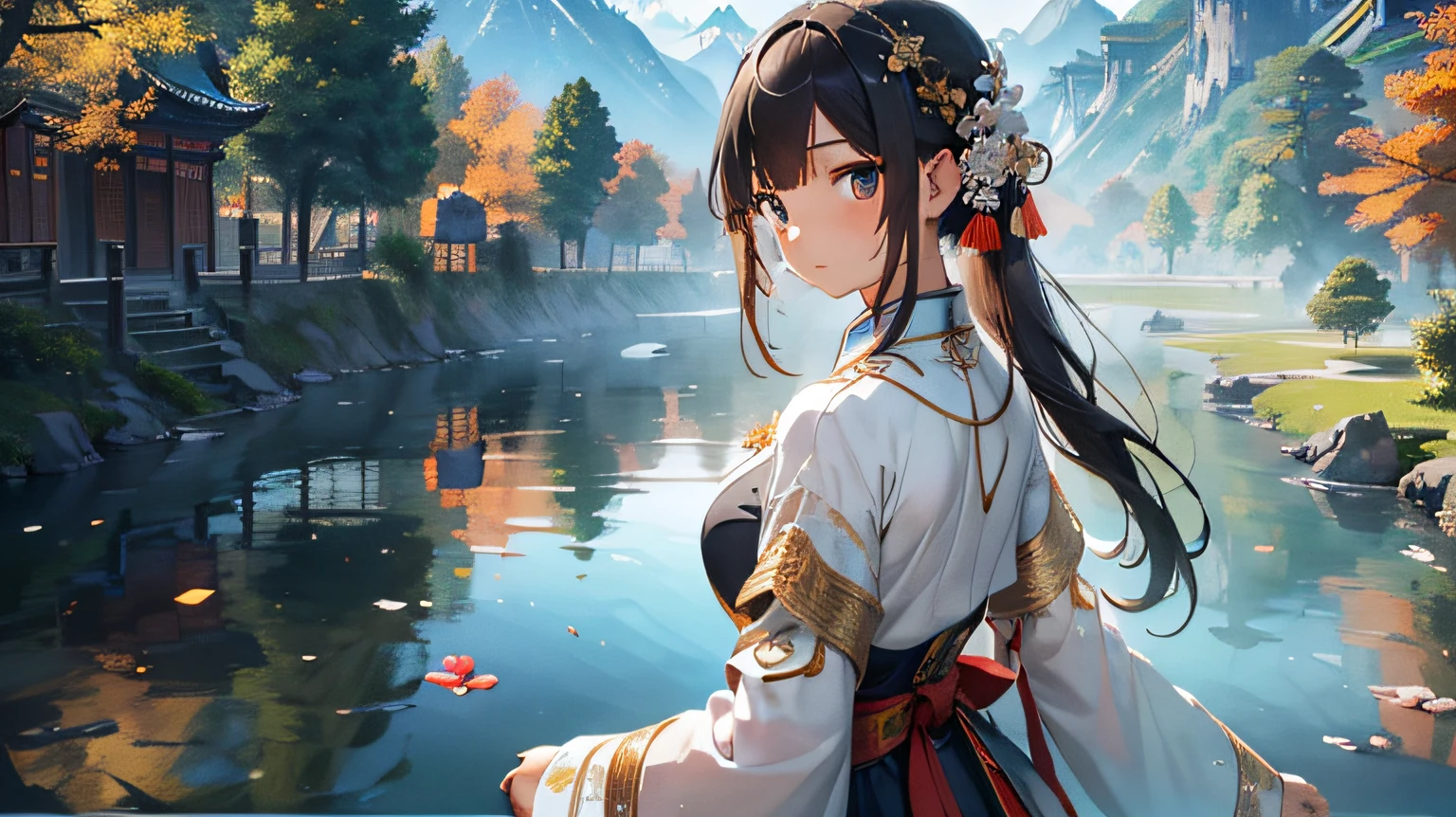 anime girl in kimono outfit sitting in a stream of water, makoto shinkai. digital render, makoto shinkai art style, in style of kyoto animation, makoto shinkai style, in style of makoto shinkai, makoto shinkai!, makoto shinkai!!, kyoto animation key visual, style of makoto shinkai, anime girl walking on water