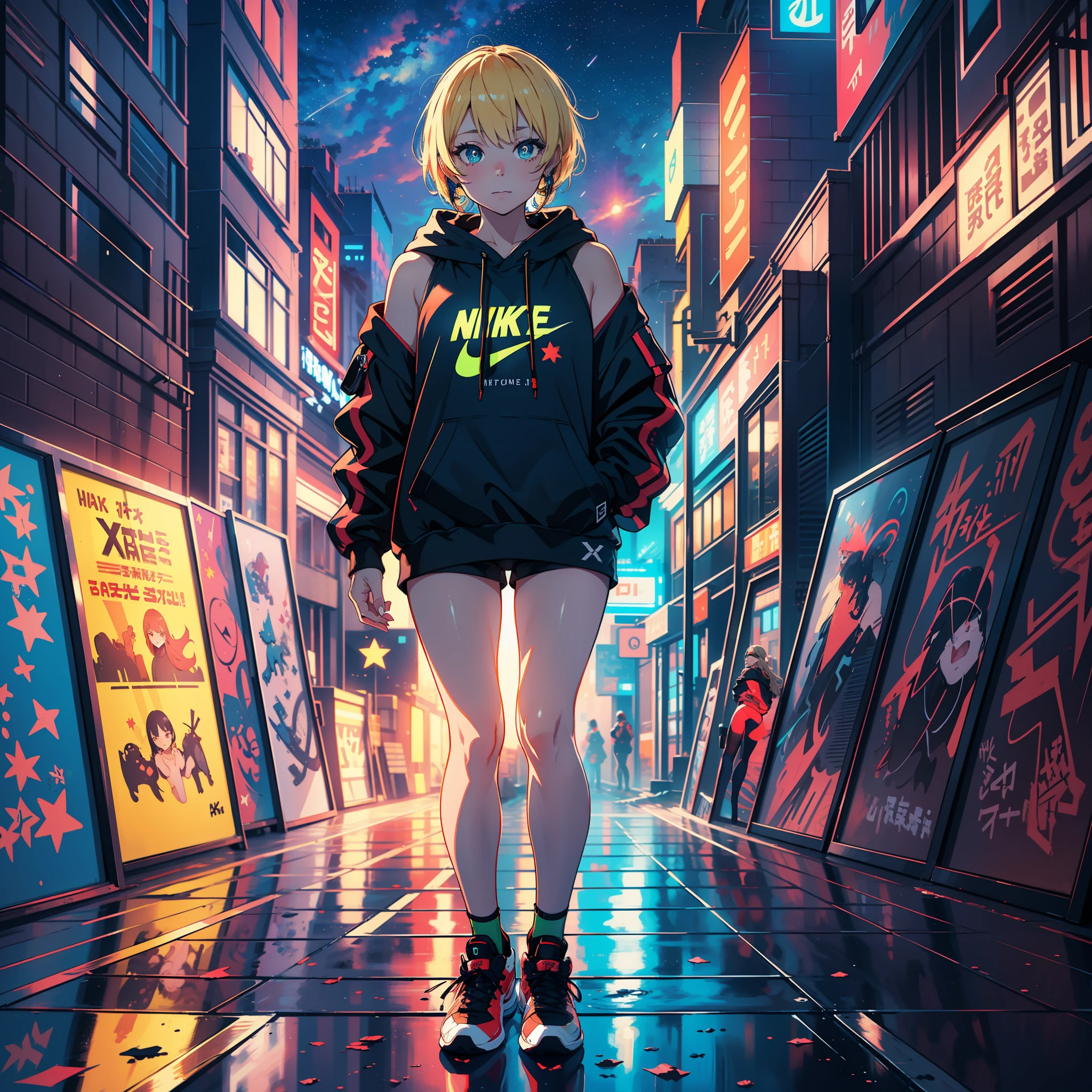 (Hyper detailed), (Best quality), (high resolution),(Dynamic view), Beautiful woman next to a graffiti wall, hands in pockets, slight smile, Nike hoodie, short black and red sweatshirt, black leggings, bare shoulders, green sneakers, blonde hair, absurdly long hair, people eyes, glowing eyes, spiky hair, cyberpunk city, bright neon, sunset, perfect anatomy, (((starry))), (((colorful))), spray cans on the floor,  trending on artstation, premiere, depth of field, orange clouds,symbol-shaped pupils, x-shaped pupils, (Masterpiece), high resolution, (hyper detailed), dynamic shadows, dark intense shadows, reflections, (((starry))), (epic sunset), contemplating a starry skyline in a quiet and picturesque city, trending on artstation, top rated on Pixiv, premiere, vivid and contrasting colors, dark intense shadows, high-res, sharp smooth focus,  depth of field,