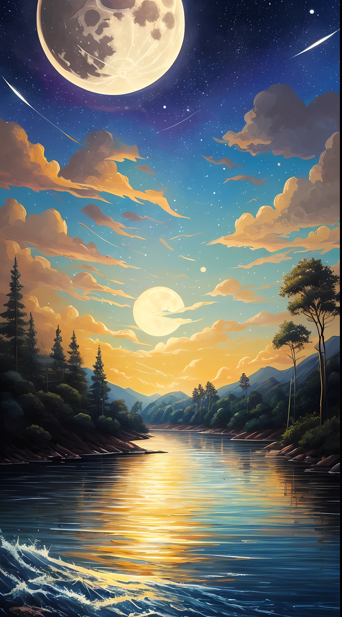 A painting of a river with stars and moon in the sky, concept art inspired by Tosa Mitsuoki, pixiv contest winner, best quality, fantasy art, beautiful anime scene, a bright moon, moonlit starry environment, dream painting, Anime Background Art, Fantasy Landscape Art, Fantasy Night, Anime Background, Background Artwork, Fantastic Art, Atmospheric Anime, Starry Sky, Detail Enhanced. --auto
