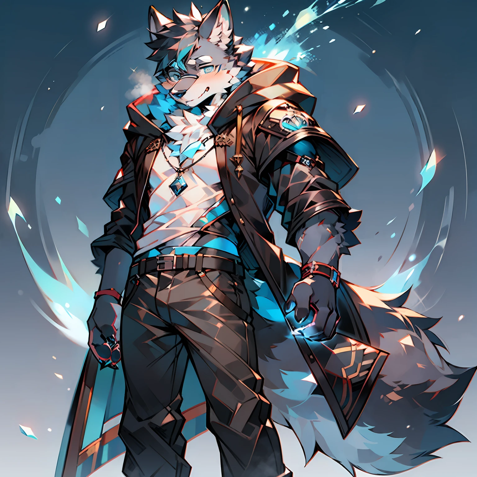 Single, furry male, furry, werewolf, canine, full-body, dark fur, black-gray fur, blue eyes, wearing glasses, blue runes, mage, black coat, short sleeves, long pants, short hair, standing
