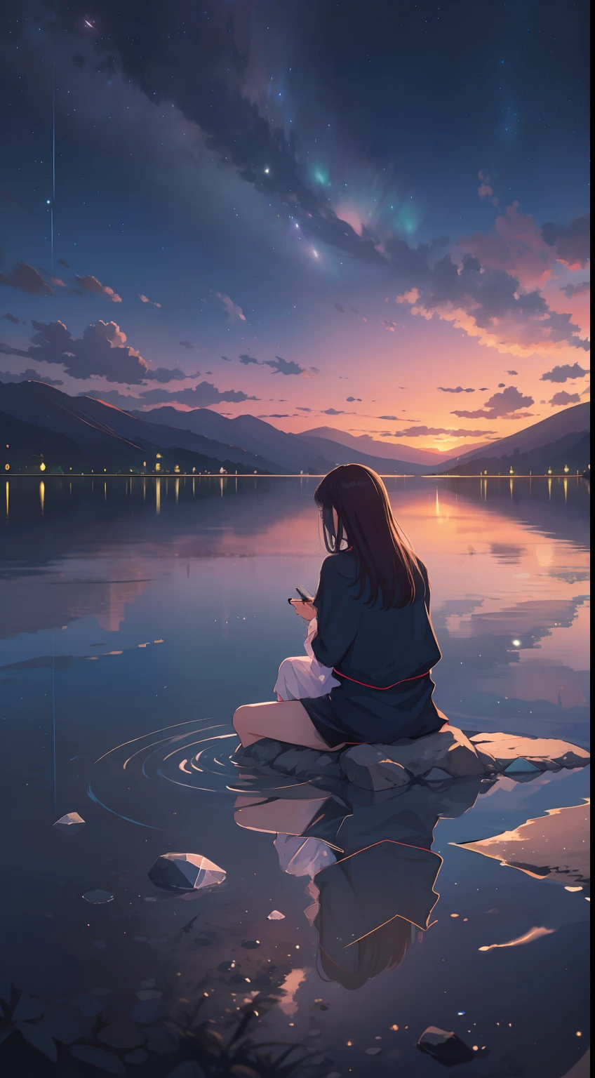 "(extremely realistic, high quality, ultra definition), serene and calm nightscape of a lake, crystal clear waters, reflection. 1 girl alone sitting by the lake"