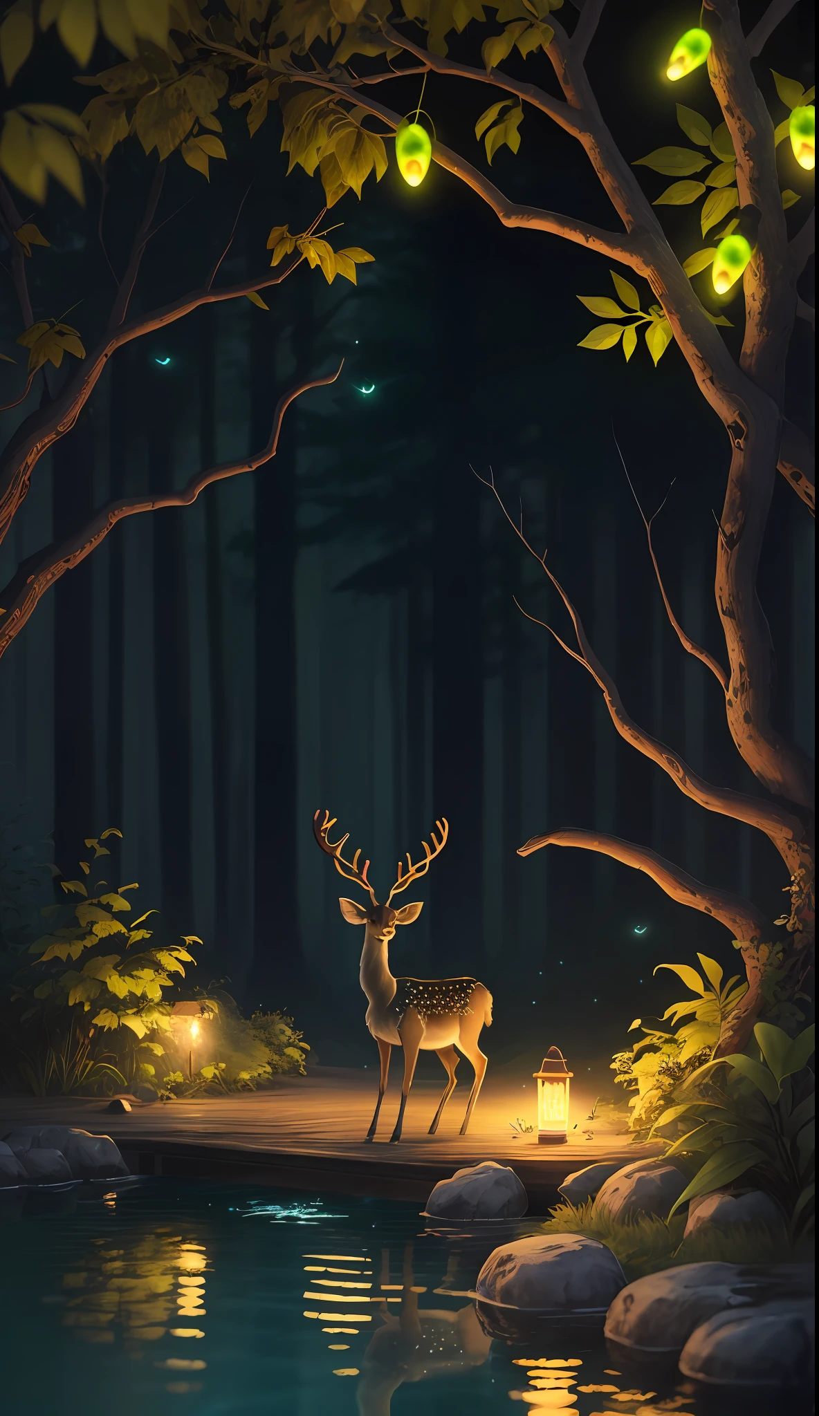 Masterpiece, best quality, (very detailed CG unity 8k wallpaper), (best quality), (best illustration), (best shadows), glow sprite, with a glowing deer, in the swimming pool Drinking water, natural elements in the forest theme. Mysterious forest, beautiful forest, nature, surrounded by flowers, delicate leaves and branches surrounded by fireflies (natural elements), (jungle theme), (leaves), (twigs), (fireflies), (particle effects) etc. 3D , Octane rendering, ray tracing, super detailed