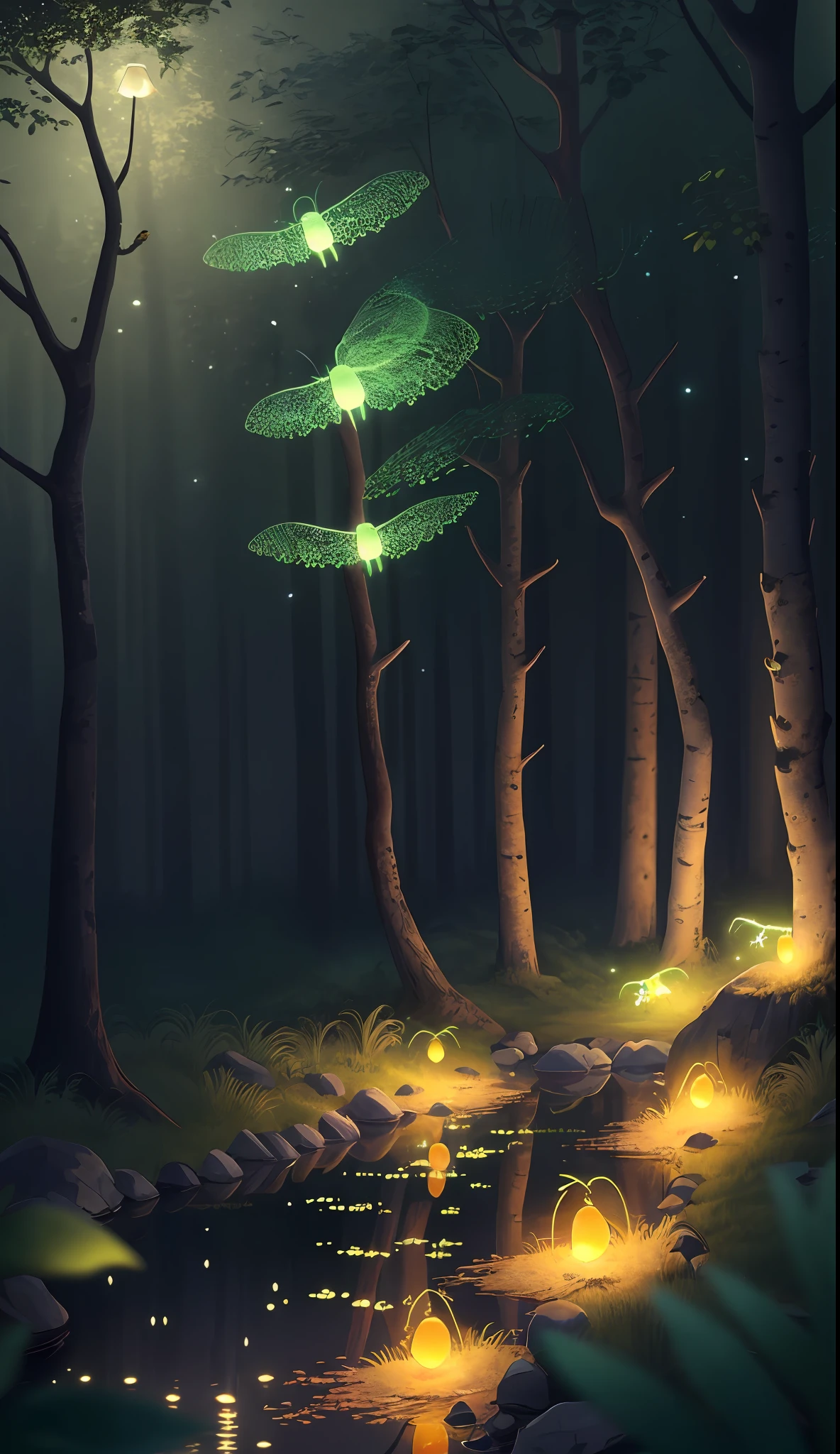 Masterpiece, best quality, (very detailed CG unity 8k wallpaper), (best quality), (best illustration), (best shadows), glow sprite, with a glowing deer, in the swimming pool Drinking water, natural elements in the forest theme. Mysterious forest, beautiful forest, nature, surrounded by flowers, delicate leaves and branches surrounded by fireflies (natural elements), (jungle theme), (leaves), (twigs), (fireflies), (particle effects) etc. 3D , Octane rendering, ray tracing, super detailed