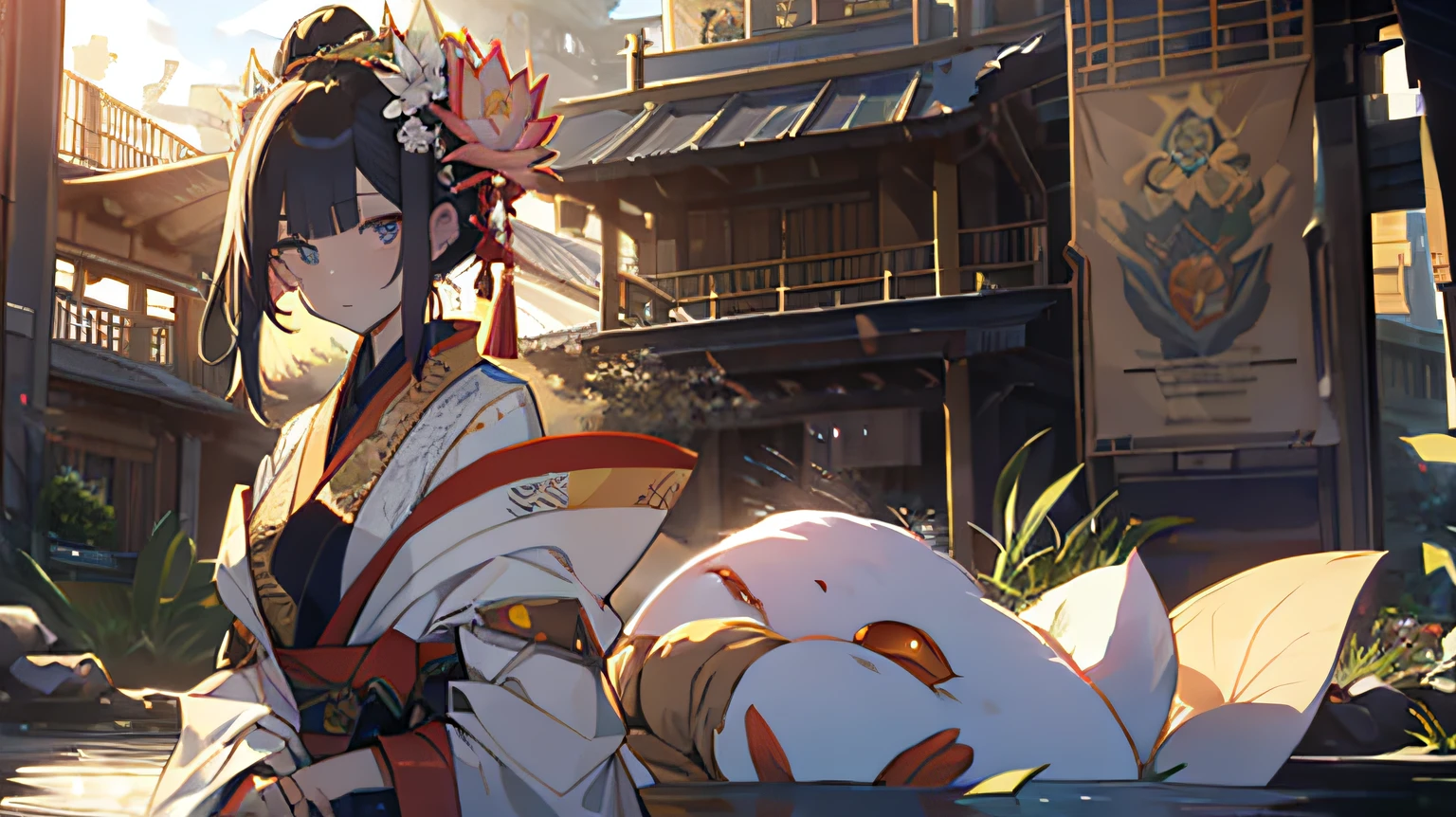 anime girl in kimono outfit sitting in a stream of water, makoto shinkai. digital render, makoto shinkai art style, in style of kyoto animation, makoto shinkai style, in style of makoto shinkai, makoto shinkai!, makoto shinkai!!, kyoto animation key visual, style of makoto shinkai, anime girl walking on water