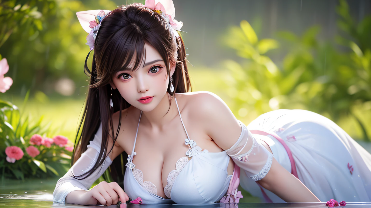 (8k, RAW photos: 1.2), highest quality, ultra high resolution, (((cleavage coordination from head to bottom of breast)), dramatic angle, (pink petals fluttering), (illustration), (1 girl))), (long hair ponytail), (transparent white sheer floral dress)), beautiful face (light brown hair, blue eyes), (bright lip gloss, long eyelashes), Smooth) face, bright skin, natural shadows, wide light, wide light, depth of field, strong colors, subtle caustics: 0.8), smile, (big), (rain: 0.9), behind the girl is Hanazono, (focus), ((standing on the surface of the water)), (color splash), colorful splash, ((colorful))), (sketch: 0.8), masterpiece, best quality, beautifully painted, highly detailed, ( Denoise: 0.6), [Splash Ink], ((Ink Refraction)), (Beautiful Detailed Sky), Highly Detailed, (Masterpiece, Best Quality, Very Detailed) CG Unity 8k Wallpaper, Masterpiece, Best Quality, Ultra Detail), (Lycoris radiata)