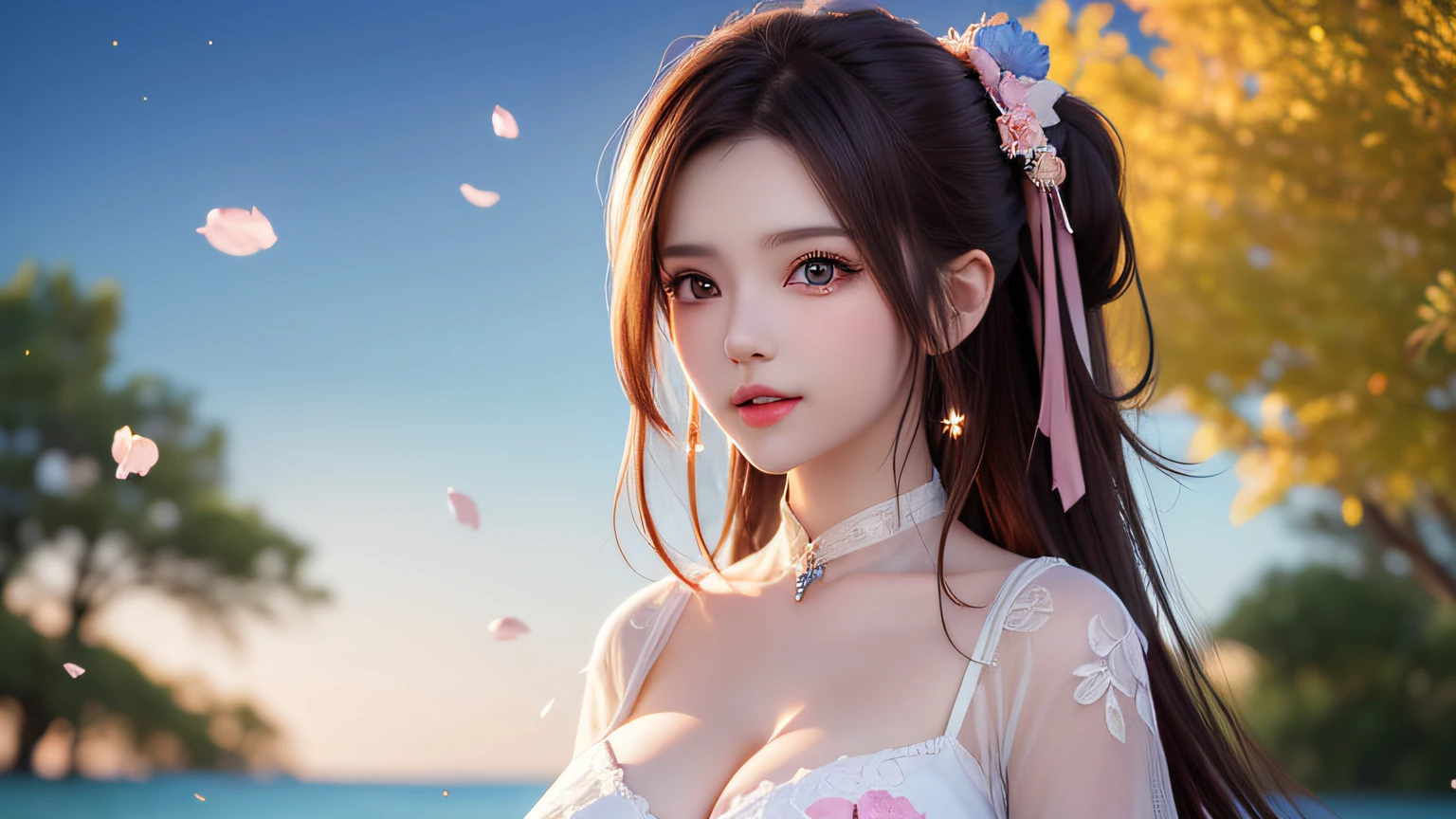 (8k, RAW photos: 1.2), highest quality, ultra high resolution, (((cleavage coordination from head to bottom of breast)), dramatic angle, (pink petals fluttering), (illustration), (1 girl))), (long hair ponytail), (transparent white sheer floral dress)), beautiful face (light brown hair, blue eyes), (bright lip gloss, long eyelashes), Smooth) face, bright skin, natural shadows, wide light, wide light, depth of field, strong colors, subtle caustics: 0.8), smile, (big), (rain: 0.9), behind the girl is Hanazono, (focus), ((standing on the surface of the water)), (color splash), colorful splash, ((colorful))), (sketch: 0.8), masterpiece, best quality, beautifully painted, highly detailed, ( Denoise: 0.6), [Splash Ink], ((Ink Refraction)), (Beautiful Detailed Sky), Highly Detailed, (Masterpiece, Best Quality, Very Detailed) CG Unity 8k Wallpaper, Masterpiece, Best Quality, Ultra Detail), (Lycoris radiata)