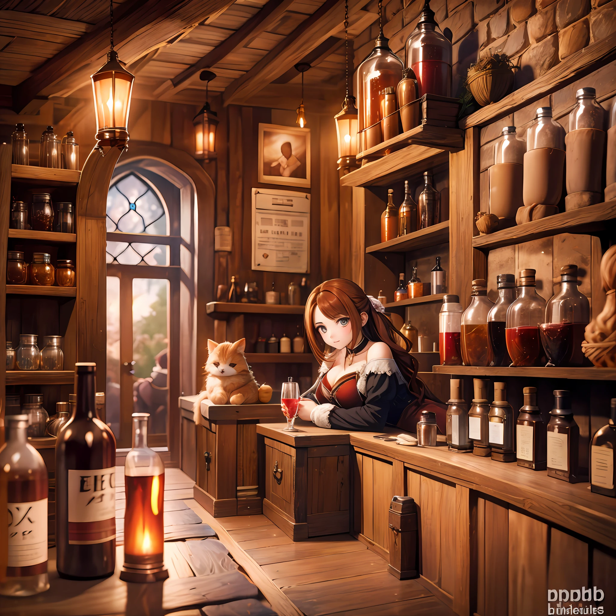 beautiful ginger women in detailed dress at cozy detailed potions shop, air above hair, IPA award wining, masterpiece, best lighting, best shadows, best reflections,