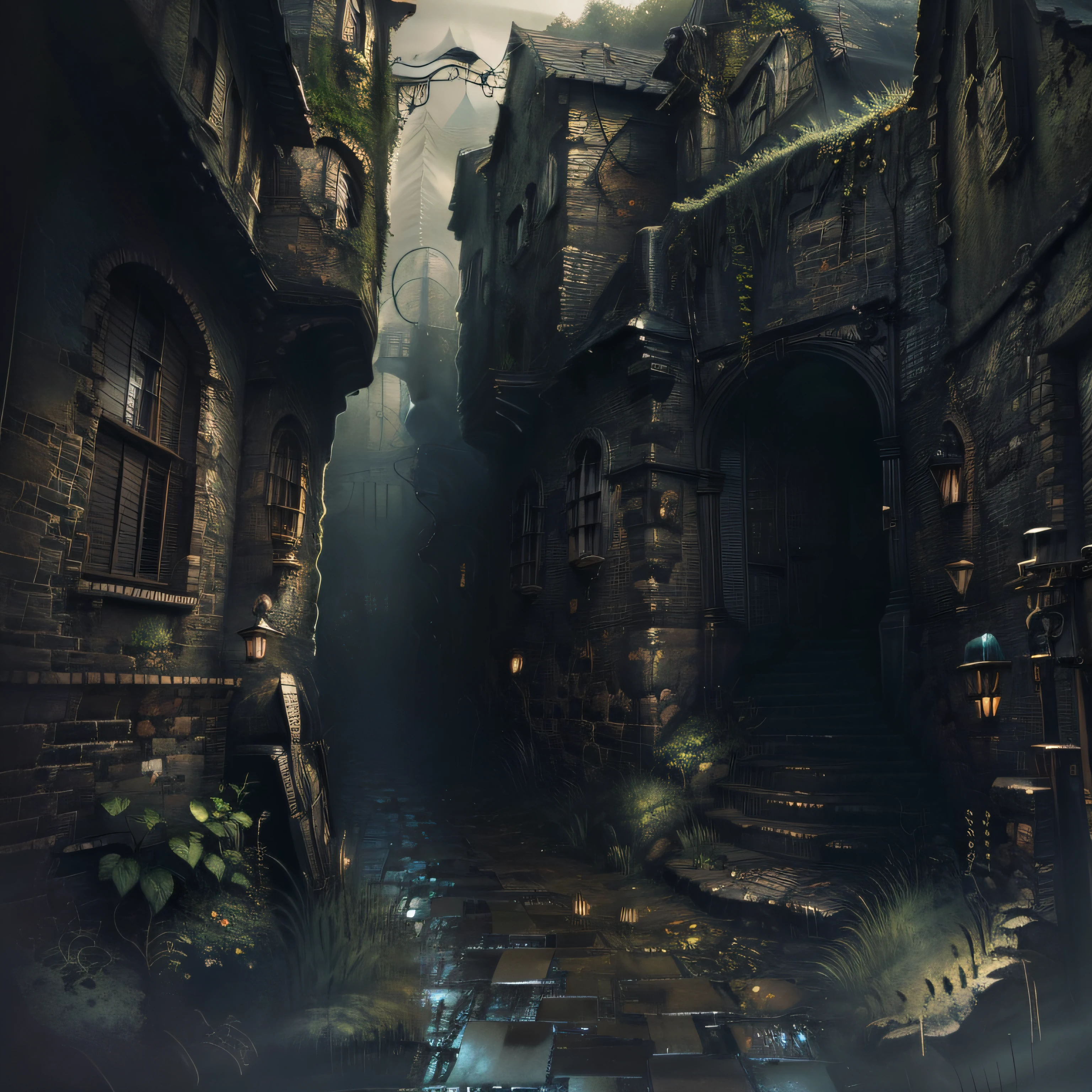 There is a brick staircase, misty alleys, green alley, a long staircase, in the middle of nature fully covered, misty alley, dense with vegetation, rainy and gloomy atmosphere, covered with vegetation, day after rain, green alleys, walls are covered with vines, in the rain in the early evening, hedges, just after the rain