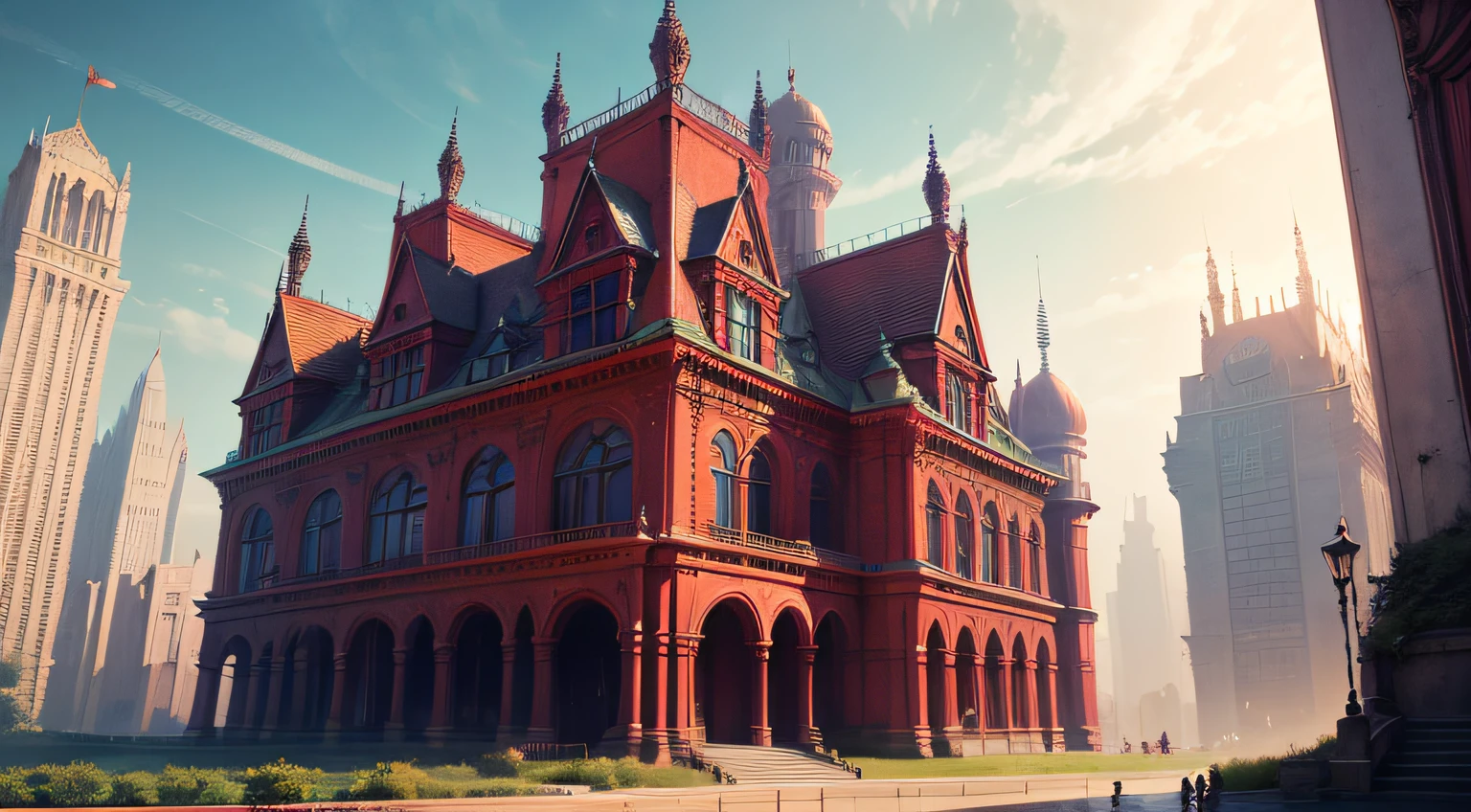 "A classic red and purple palace in the futuristic city"