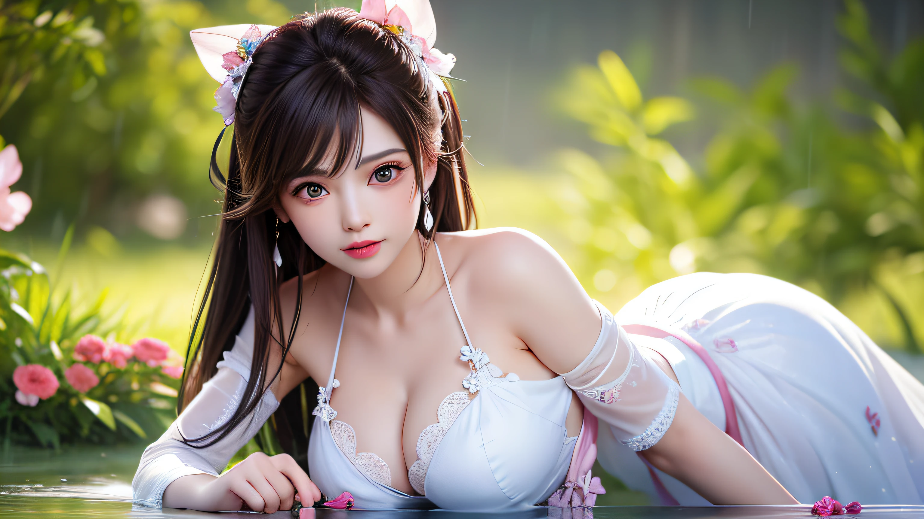 (8k, RAW photos: 1.2), highest quality, ultra high resolution, (((cleavage coordination from head to bottom of breast)), dramatic angle, (pink petals fluttering), (illustration), (1 girl))), (long hair ponytail), (transparent white sheer floral dress)), beautiful face (light brown hair, blue eyes), (bright lip gloss, long eyelashes), Smooth) face, bright skin, natural shadows, wide light, wide light, depth of field, strong colors, subtle caustics: 0.8), smile, (big), (rain: 0.9), behind the girl is Hanazono, (focus), ((standing on the surface of the water)), (color splash), colorful splash, ((colorful))), (sketch: 0.8), masterpiece, best quality, beautifully painted, highly detailed, ( Denoise: 0.6), [Splash Ink], ((Ink Refraction)), (Beautiful Detailed Sky), Highly Detailed, (Masterpiece, Best Quality, Very Detailed) CG Unity 8k Wallpaper, Masterpiece, Best Quality, Ultra Detail), (Lycoris radiata)