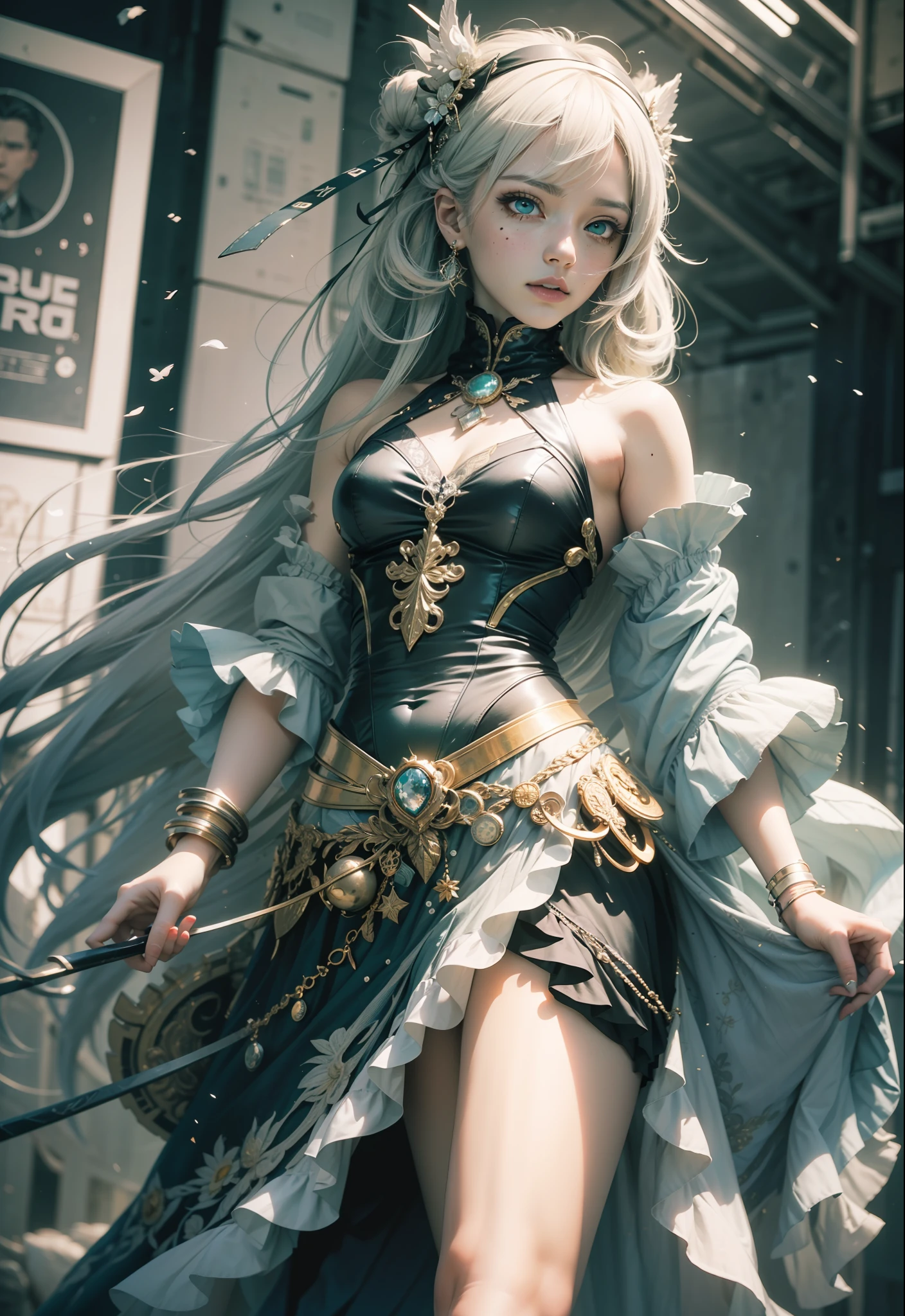 hatsuneMiku、(ultra Realistic), (An illustration), (Highres), (8K), (highlydetailed), (the best illustration), (Beautiful Detailed Eyes), (beste Quality), (Super Detailed), (Master peace、), (Wallpapers), (Detailed Face), solo、、、, 1人の女の子, Aristocratic dresses、White hair, Iris heterochromatic eyes, small moles under eye, medium chest, Long legs、Stunning composition、Foot braids、Beautiful and detailed legs