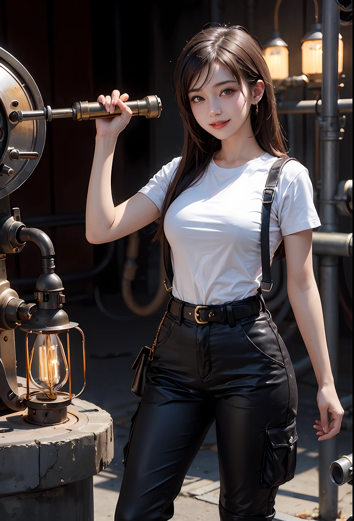 1girl, steampunk, mechanical maze, incandescent, indicator light, white shirt, cargo pants, 15 year old beautiful girl, tifa, steam engine, factory, smile, sweat, hair coloring,