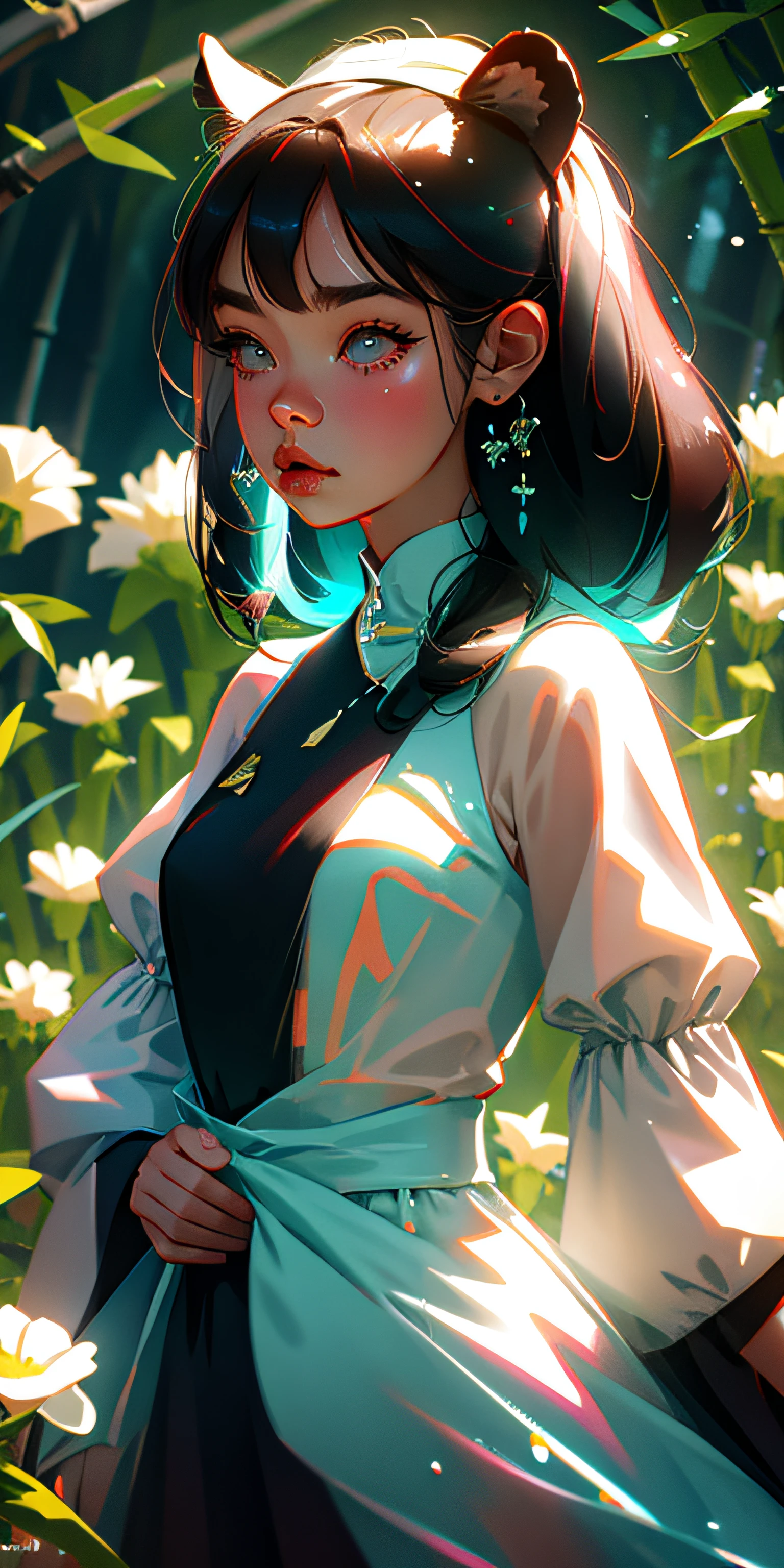 (masterpiece, best quality),1 girl, asian, long straight black hair, rings, necklace, watch, holding phone, listening music, floral print, sunlight, looking at the viewer.