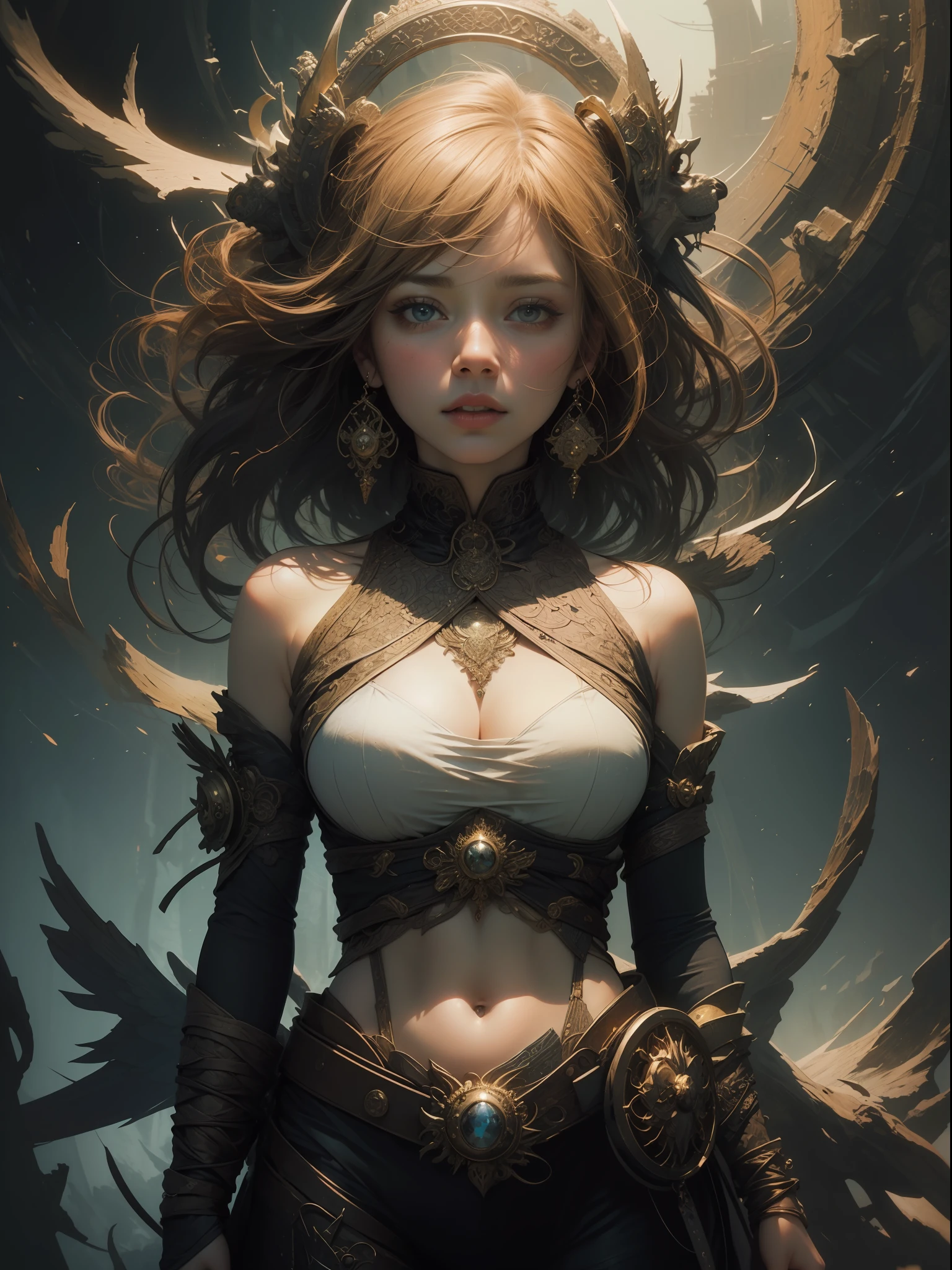 Official Art, Concept Art, Unity 8k Wallpaper, Super Detailed, Beautiful Aesthetic, Masterpiece, Top Quality, (Zentangle, Mandala, Tangled, Tangled), (Fractal Art: 1.3), One Girl, Highly Detailed, Dynamic Angle, Cowboy Shot, Most Beautiful Form Chaos, Elegant, Brutalist Design, Vibrant Colors, Huge Magic, Wizard, Aristocratic Costume, upper body, romanticism, James Jean, Robbie Dowi Antono, Los Tran, Francis Bacon, Michal Muratz, Adrian Guyney, Petra Cortwright, Gerhard Richter, Takato Yamamoto, Ashley Wood, atmosphere, ecstasy notes, streaming notes are displayed