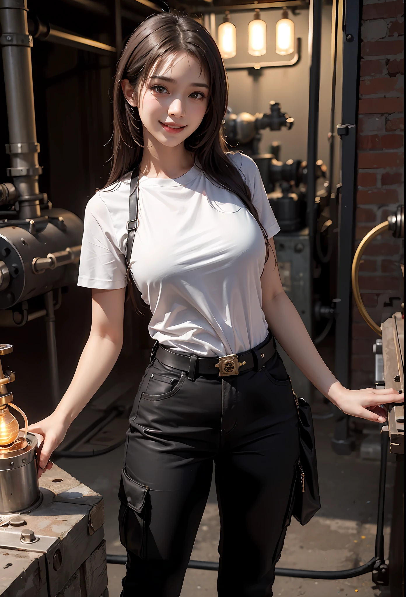 1girl, steampunk, mechanical maze, incandescent, indicator light, white shirt, cargo pants, 15 year old beautiful girl, tifa, steam engine, factory, smile, sweat, hair coloring,