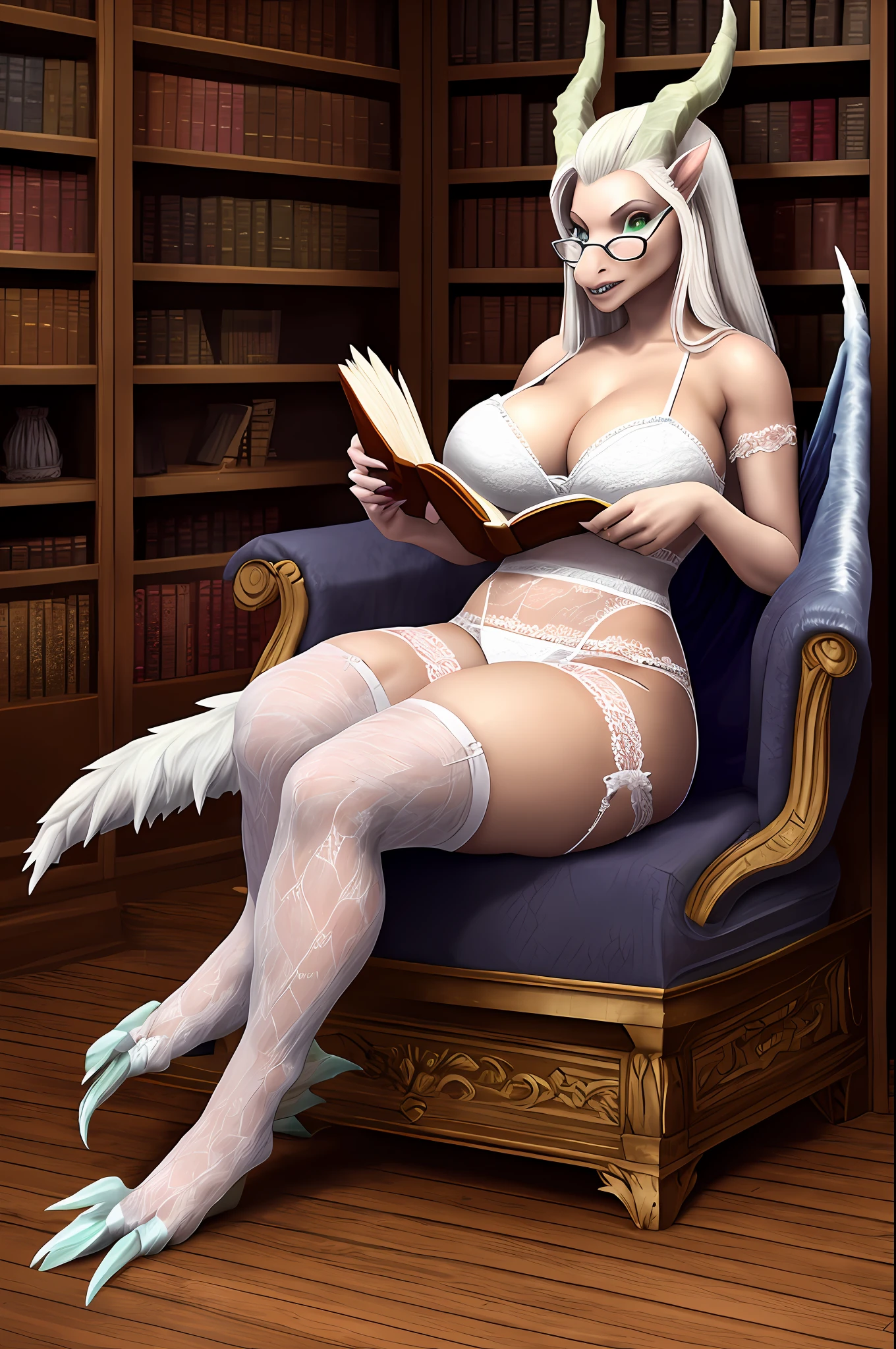 AurothDOTA anthro (wyvern), female, adult, green eyes, yellow scales, large breasts, large thighs, large horns, large tail, long white hair ((lacy white lingerie)), (realistic scales, detailed scale texture: 1.2), realistic claws, detailed background, old library background, photorealistic, hyper realistic, ultra detailed, sharp, sitting looking at viewer, wearing glasses, reading a book